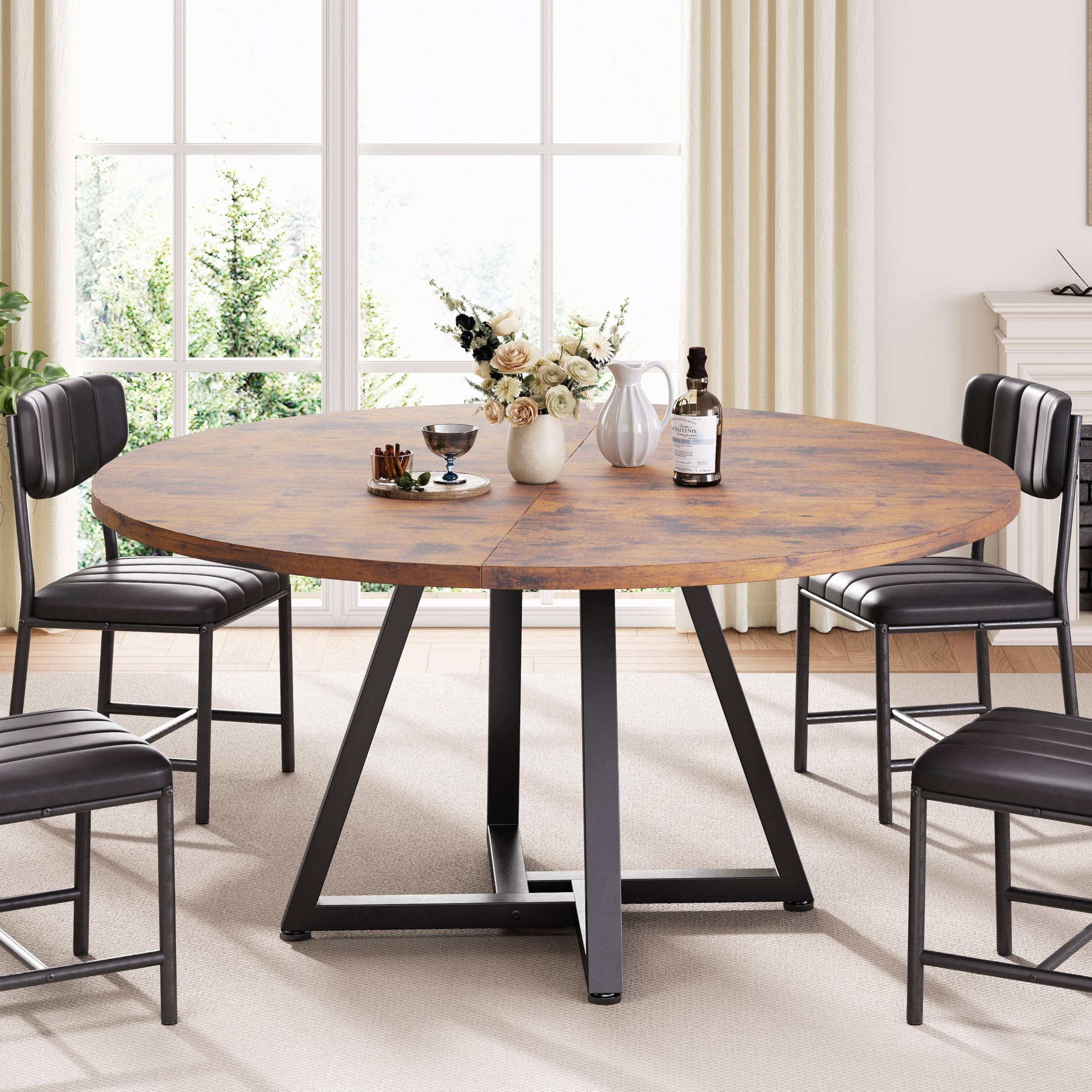 Jocoevol Table à Manger Ronde pour 4 à 6 Personnes, Table de Cuisine avec Piètement Métallique Stable, Table de Salle à Manger Gain de Place Style Industriel (Vintage Marron, 120x120x76cm)