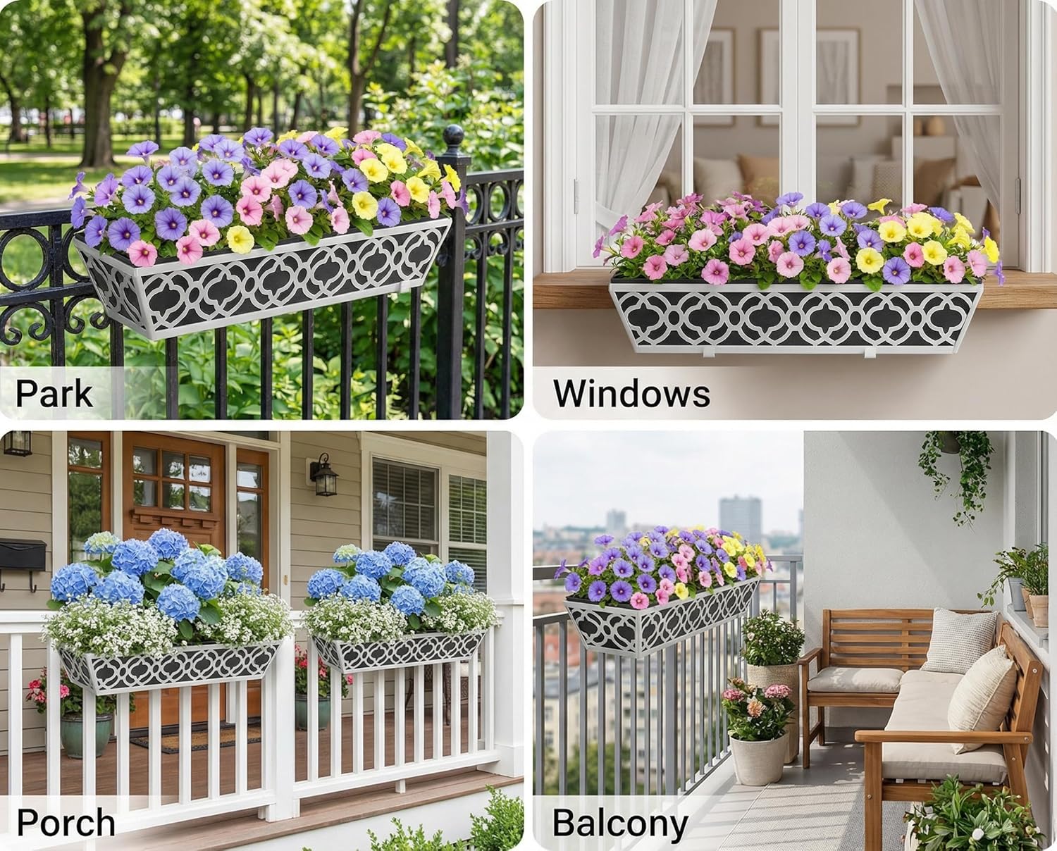 Y&M 2Pcs 24'' Railing Planter Box Set with Black Non-Woven Fabric Liner, Flower Boxes with Adjustable Brackets, Large Metal Hanging Window Boxes for Fence, Deck, Balcony, and Garden