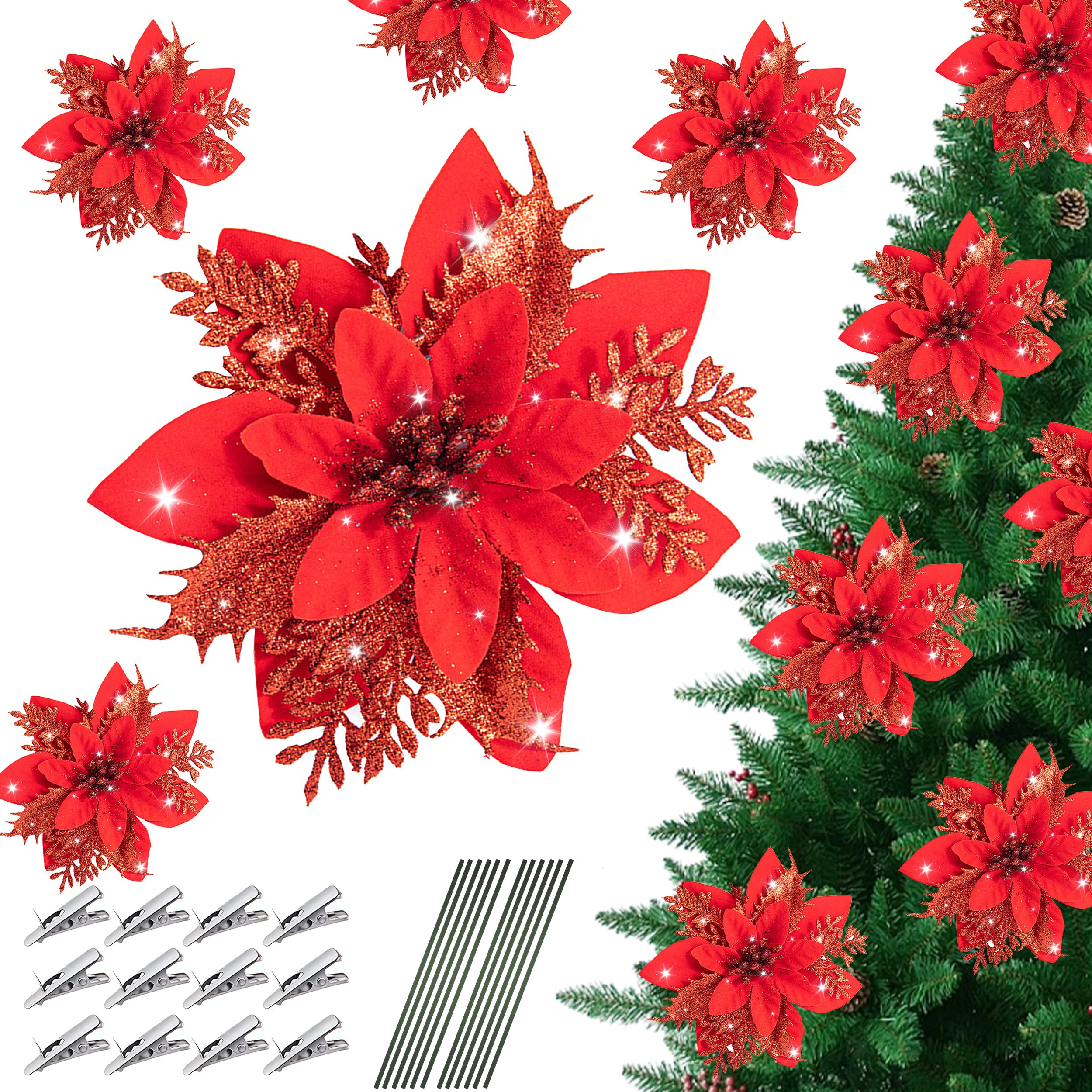 Baimuni 12 Stück Weihnachten Funkeln Weihnachtsstern Blumen Künstliche Weihnachten Blumen mit Clips, für Weihnachtsbaum Hochzeit Dekorationen Neujahr Ornamente, Rot