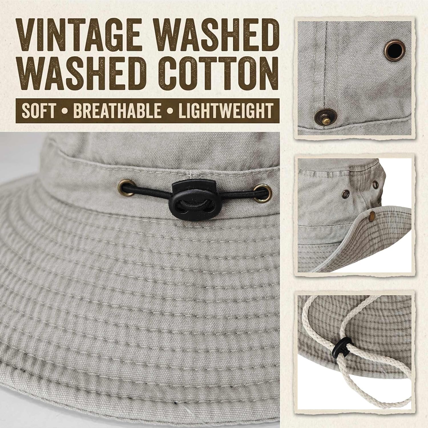 Wildarms Washed Cotton Bucket Hat with Chin Strap, Foldable Sun Hat for Men Women, Breathable Safari Boonie Cap