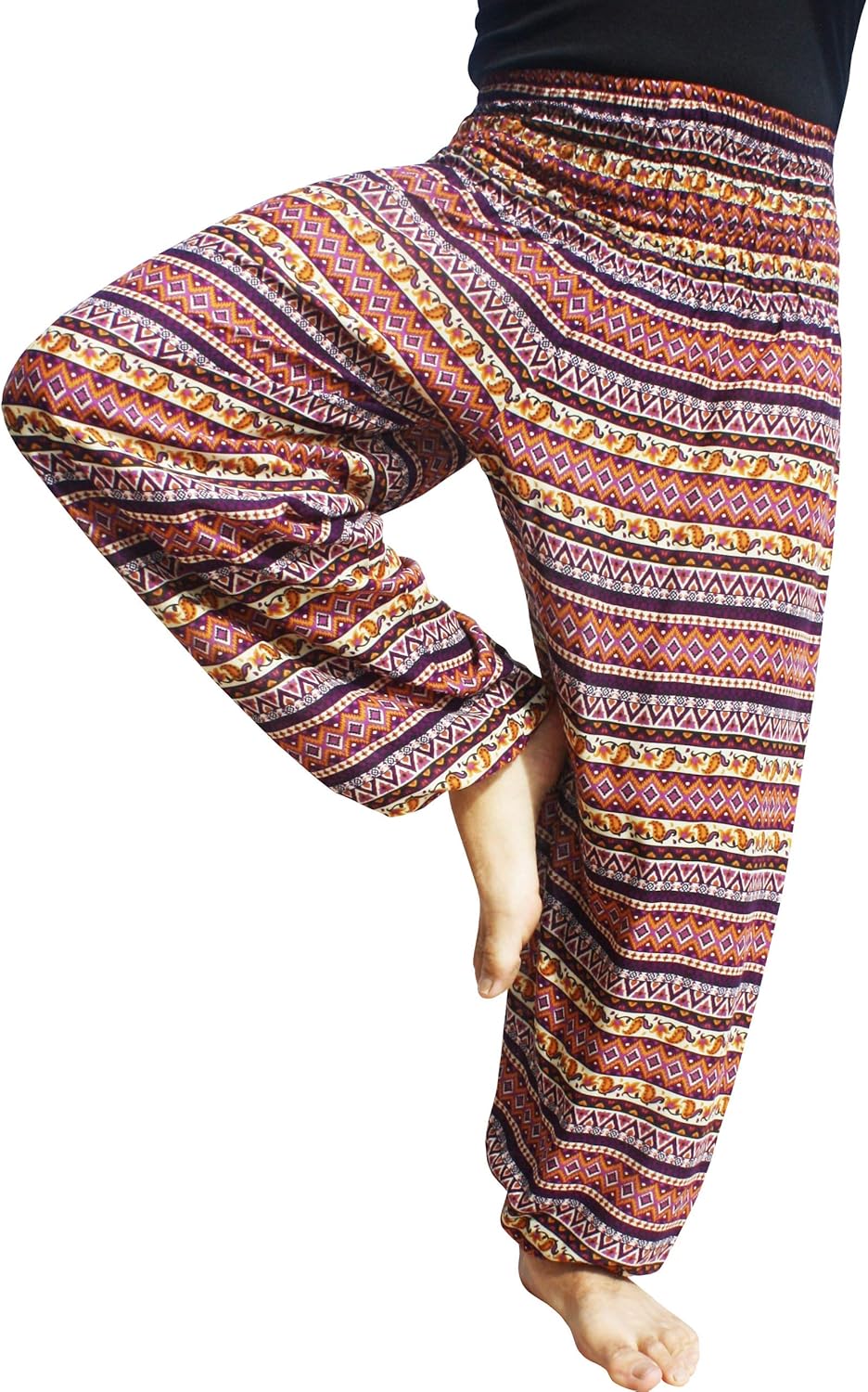 RaanPahMuang Smocked Waist Harem Baggy Pants, Women, Rayon Elephant Boho Yoga