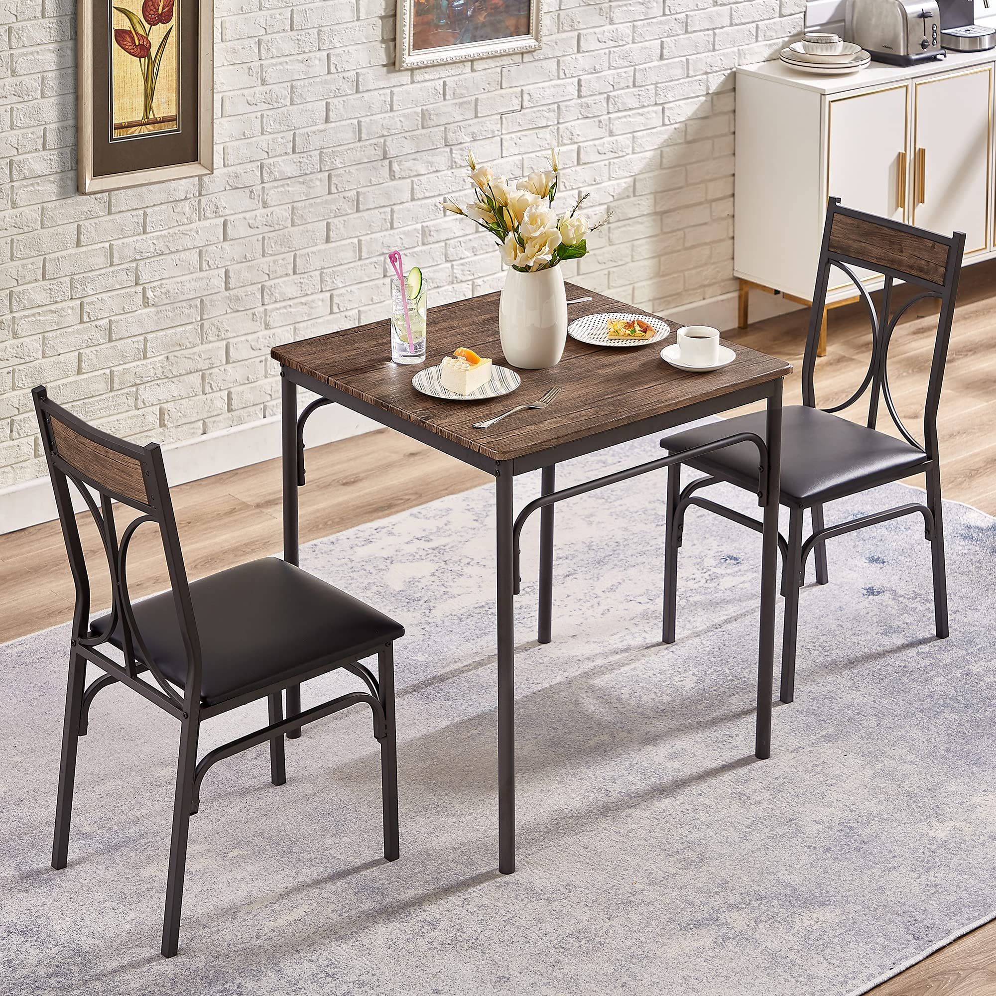 VECELO 3-Piece Room Kitchen Table and Pu Cushion Chair Small Space, Dining Set for 2, Dark Brown