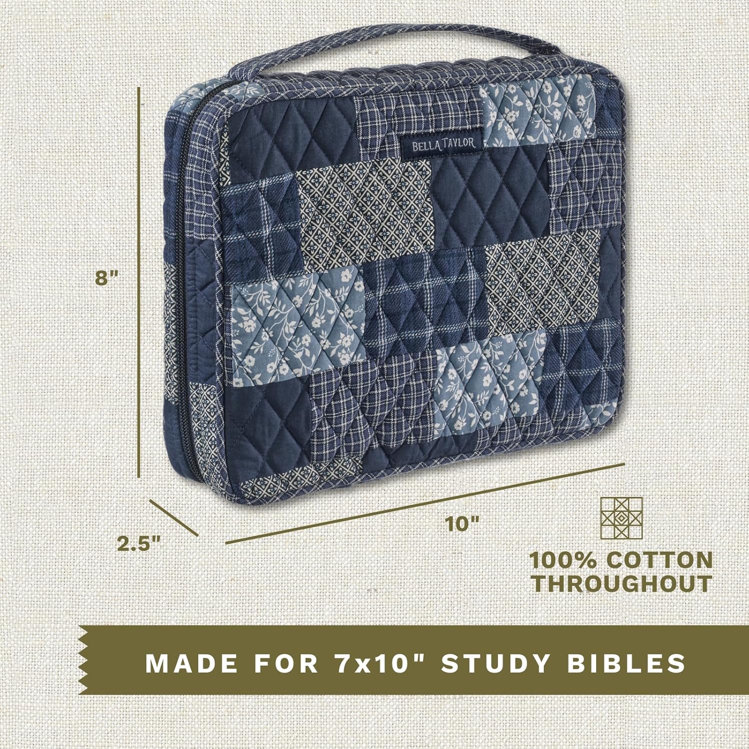 Bella Taylor Quilted Bible Cover for Women, Cotton Fabric Bible Case for Medium and Large Study Bibles, Heritage Blue Patch