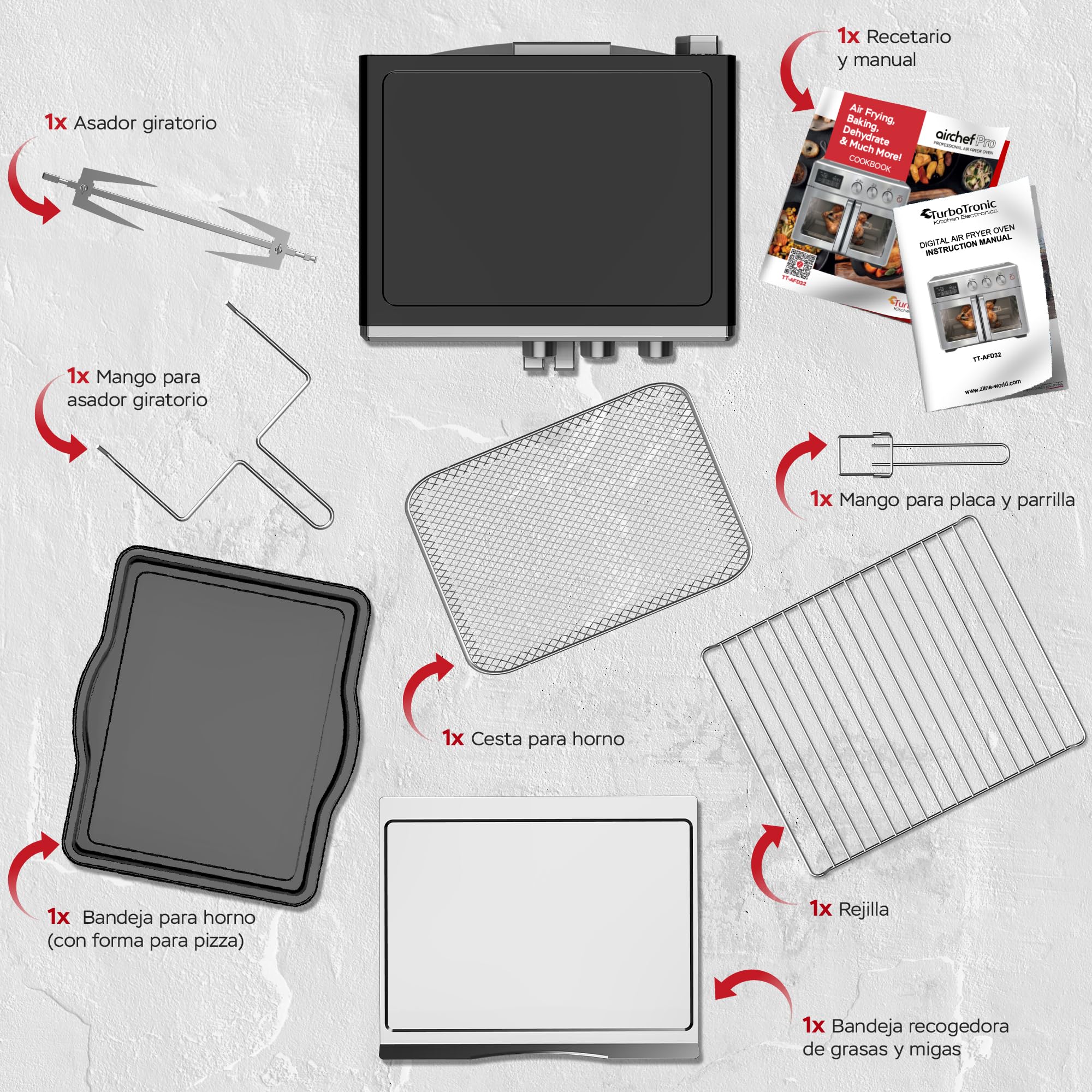 TurboTronic Mini Backofen - 4in1 Heißluftofen und Heißluftfritteuse XXL Version 32L inkl. Drehspieß & viel Zubehör, Dörrgerät ab 25°C & Grill, Airfryer, kleine Mini Tisch Back Pizzaofen (schwarz)