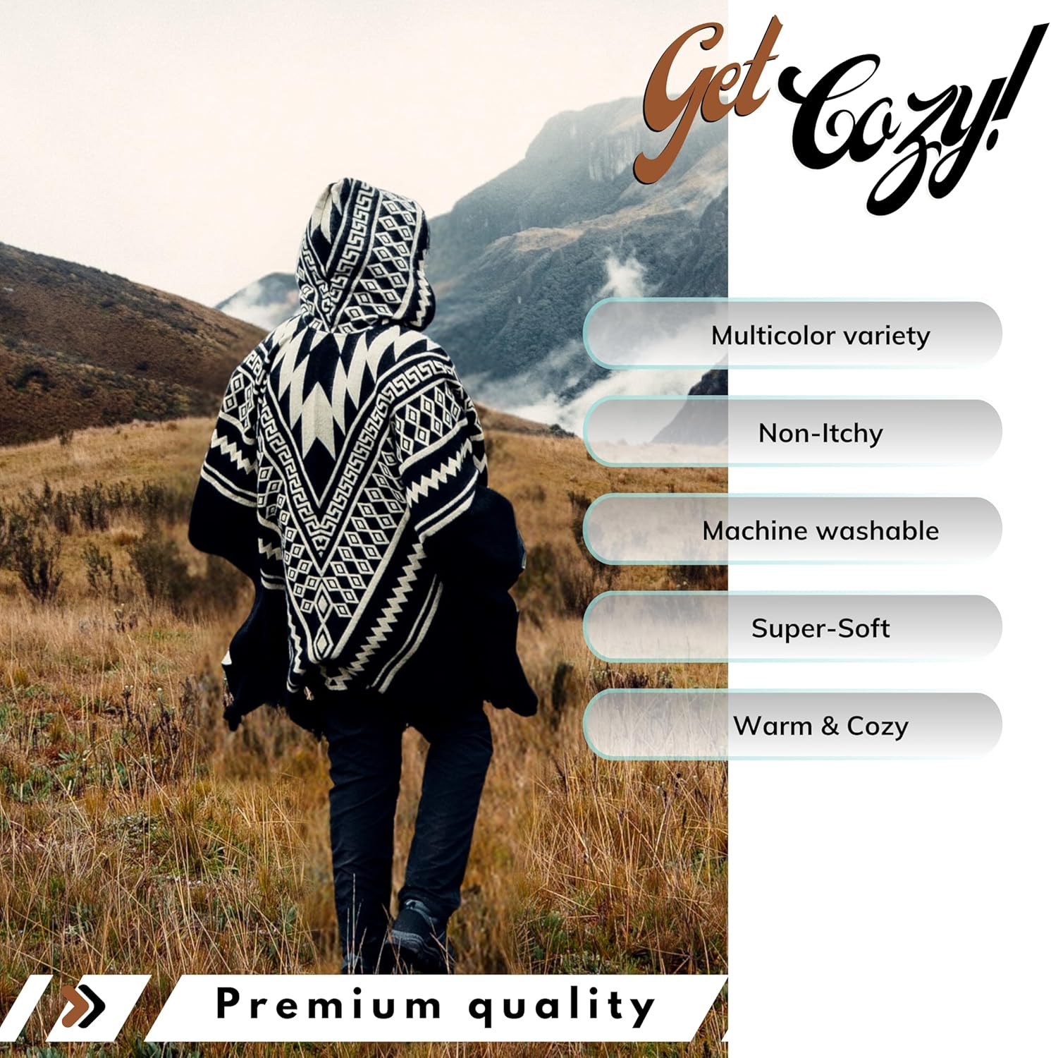 LATITUDE ZERO Alpaca Wool Handmade Poncho, Unisex Serape Coat Relaxed Style Wool Poncho, Ultra-Soft Coat
