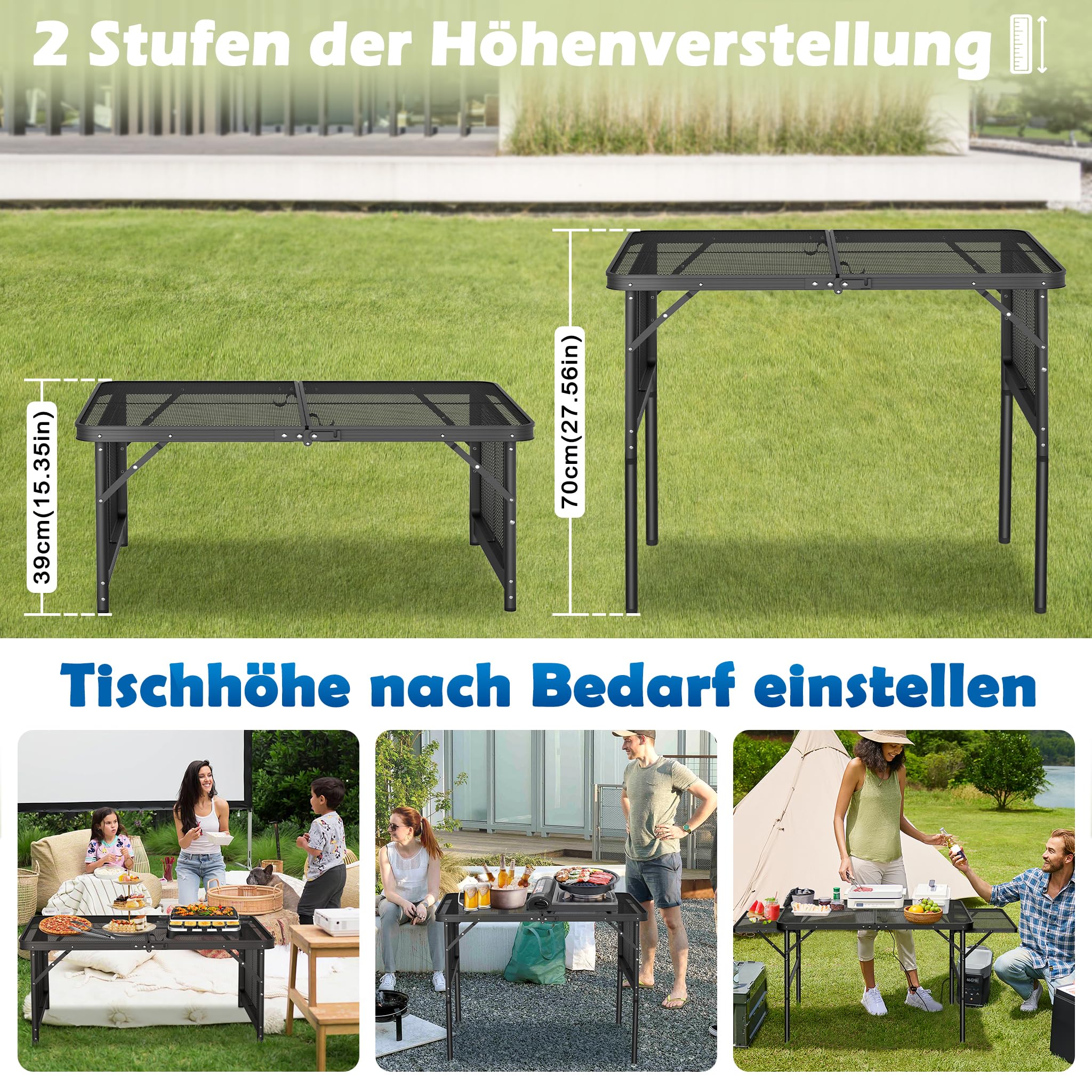 UISEBRT Tavolo da campeggio pieghevole da giardino, leggero e portatile, piccolo tavolo da barbecue con scrivania in rete, per picnic, campeggio, barbecue, 90 x 60 x 39 cm