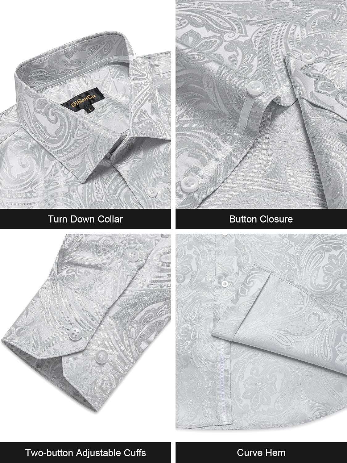 DiBanGu Silk Paisley Dress Shirts for Men Long Sleeve Button Down Shirt Casual Regular Fit Mens Shirts Wedding Party