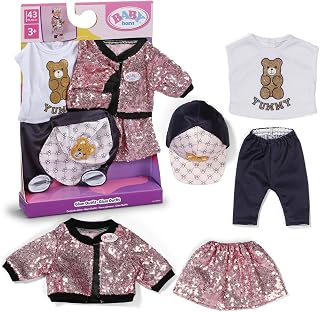 BABY born Glam-outfit - met roze paillettenrok en jack, shirt met teddyprint, cap en legging voor 43 cm poppen