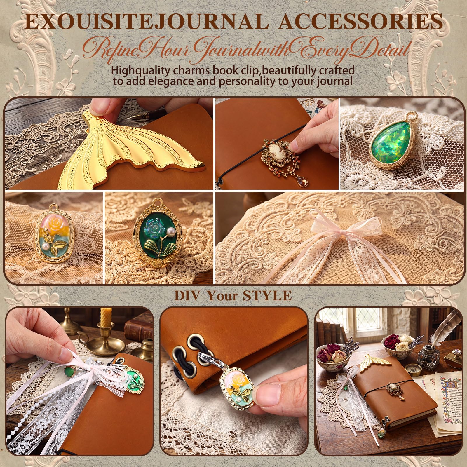 MotiMind Kit de couverture de journal de voyage en cuir A5, 13 pièces, rechargeable, avec clip sirène, breloques décoratives, carnet de notes personnalisé, coffret cadeau pour filles, femmes (marron)