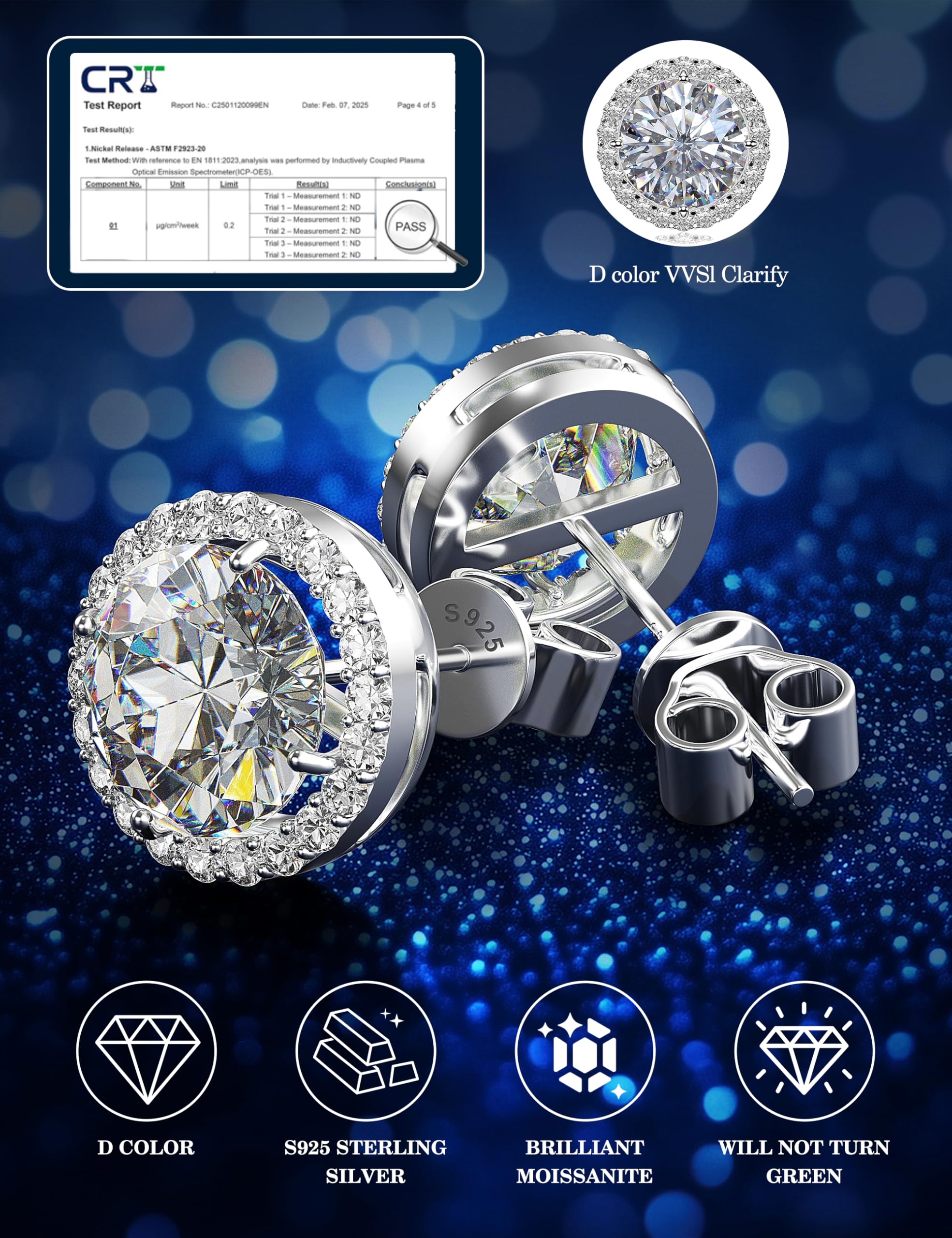 Moissanite Halo Earrings Studs : 1CT-4CT 18K White Gold Plated S925 Sterling Silver Stud Earrings for Women Men Hypoallergenic Dainty Moissanite Jewelry for Sensitive Ear D Color Round Cut VVS1