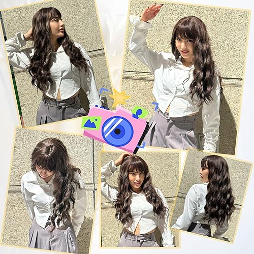 Miniatura 6 de NAYOO Peluca con flequillo de aire, peluca larga ondulada de 26 pulgadas para mujer, peluca sintética sedosa y resistente al calor, peluca de