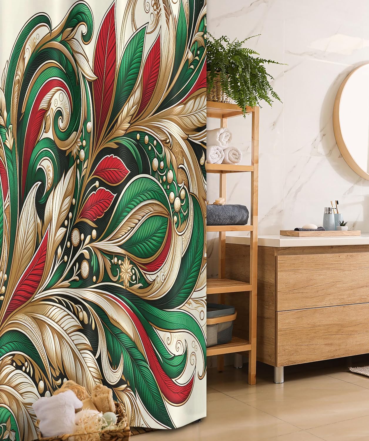 Ambesonne Christmas Stall Shower Curtain, Exotic Ornate Xmas Vibe Bold Color Feathers and Snowflakes Plain Back, Fabric Bathroom Decor Set with Hooks, 36" W x 72" L, Green Ecru Vermilion