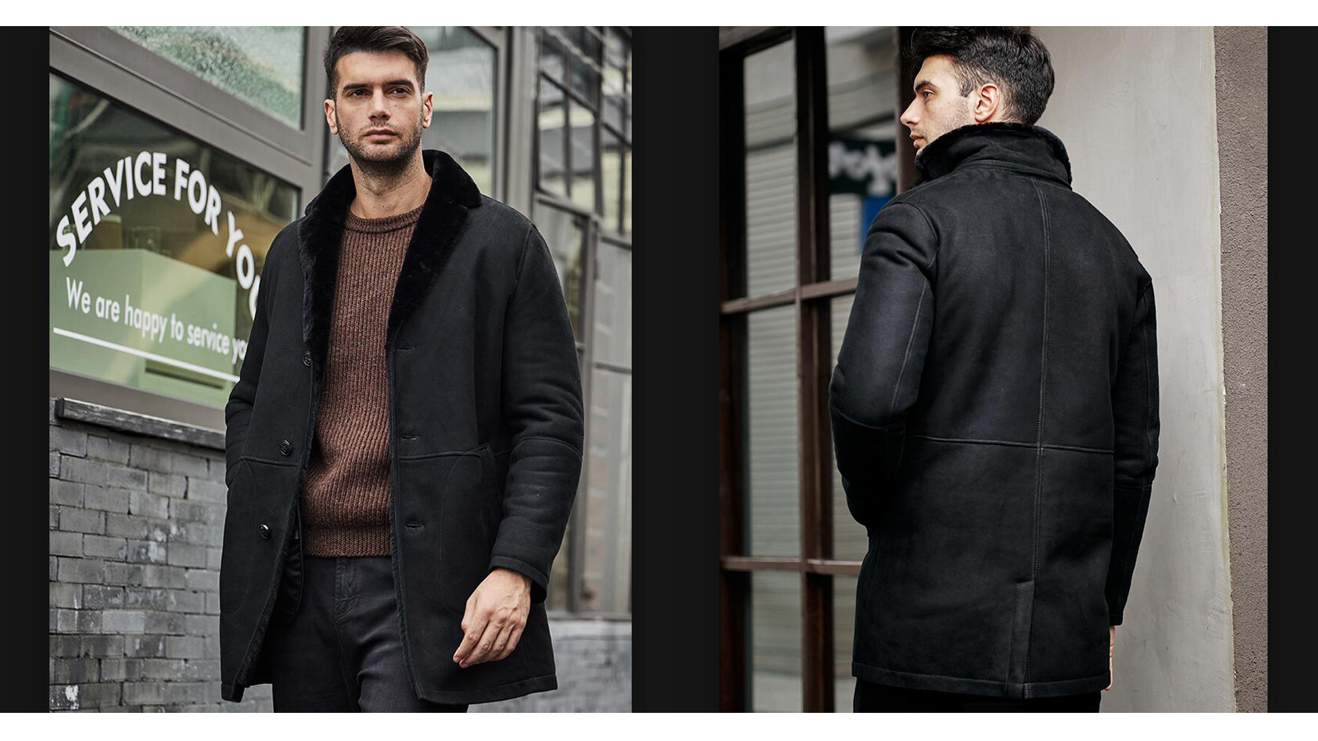 Denny&Dora Mens Shearling Jacket Suit Collar Mid-Length Sheepskin