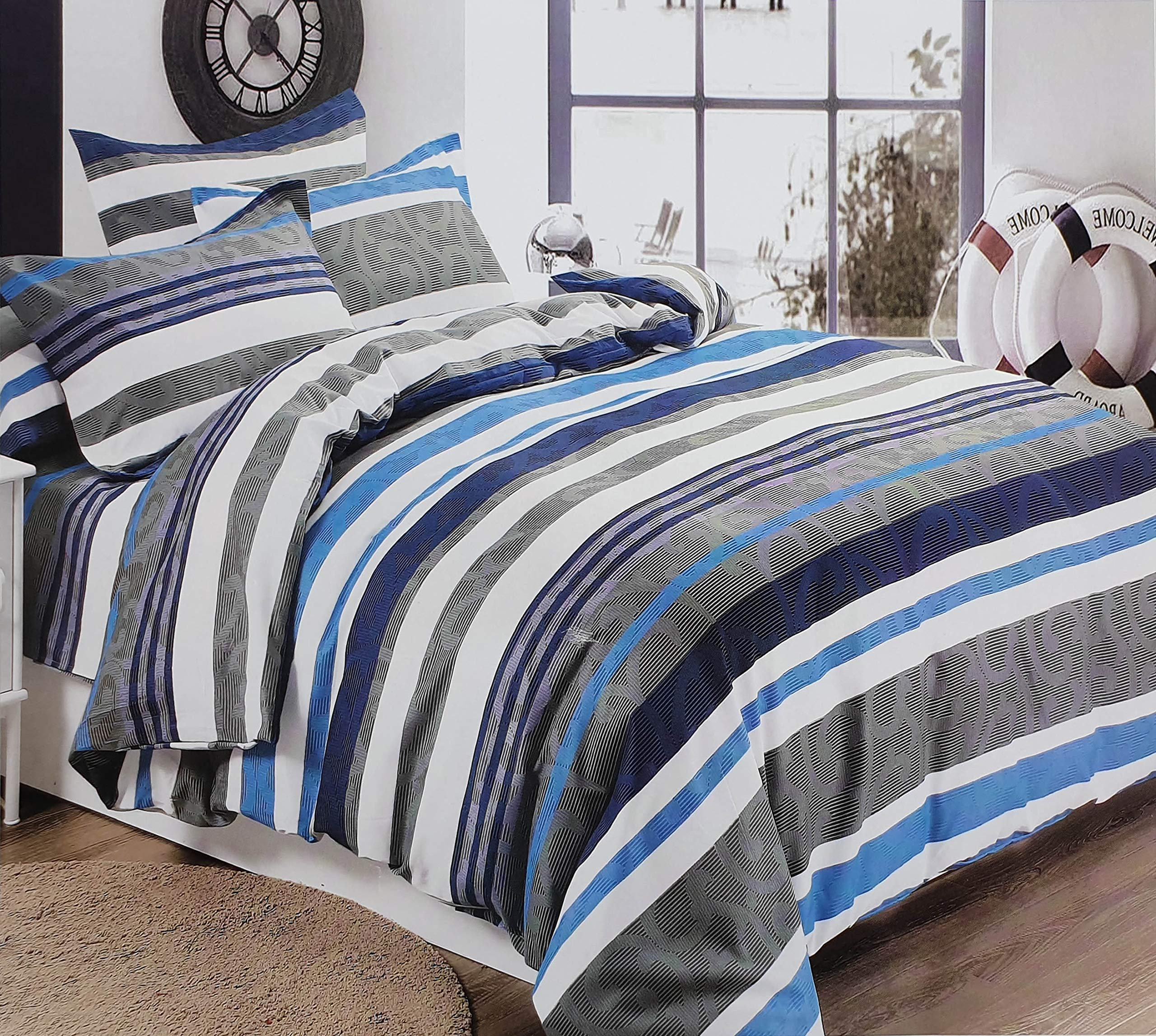 Housse de couette King Size pour chambre parentale moderne bleu et blanc de 90 g/m²