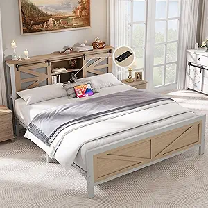 YITAHOME Farmhouse Queen Size Bed Frame with Headboard, Bookcase Storage Shelves, Sliding Grid Barn Door, Charging Station, Rustic Wood Platform Bed, No Box Spring Needed, Oak