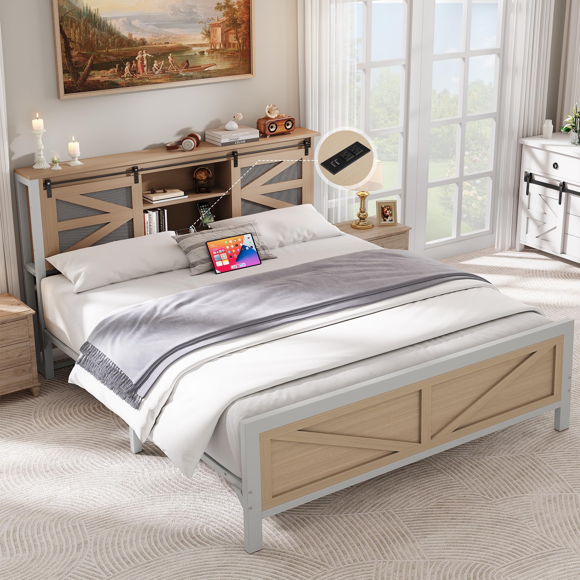 YITAHOME ​Farmhouse Queen Size Bed Frame with Headboard, Bookcase Storage Shelves, Sliding Grid Barn Door, Charging Station, Rustic Wood Platform Bed,