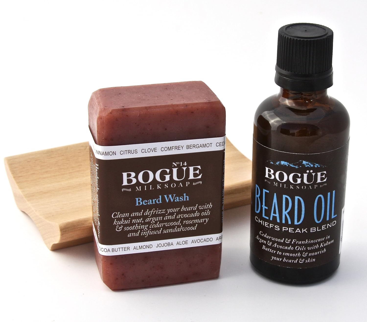 Bogue Milk Soap -Beard Grooming Giftset- Chiefs Peak Blend Beard Wash 3.2oz & Oil 1.7oz Clean & Defrizz w Avocado, Argan, Vitamin E & Pumpkinseed oils W Soothing Cedarwood & Rosemary for Beard & Skin