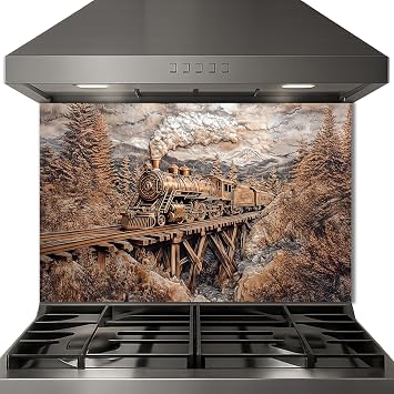 Vintage Train Glass Backsplash for Kitchen, Embossed Copper Glass Kitchen Backsplash, Rustic Stove Backsplash, Stove Behid Splashback Glass, Custom Kitchen Backsplash