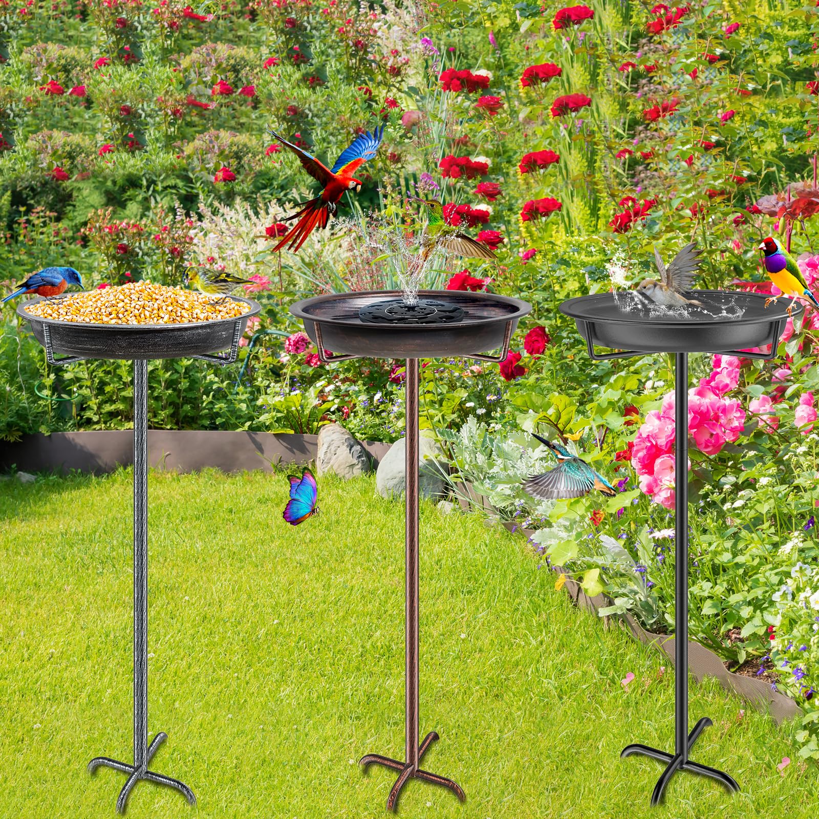 Bebedero para pájaros de pie, baño para pájaros para exteriores, jardín, cuenco de metal, bebedero para pájaros silvestres, bebedero de agua, cuenco de agua, a prueba de heladas, comedero