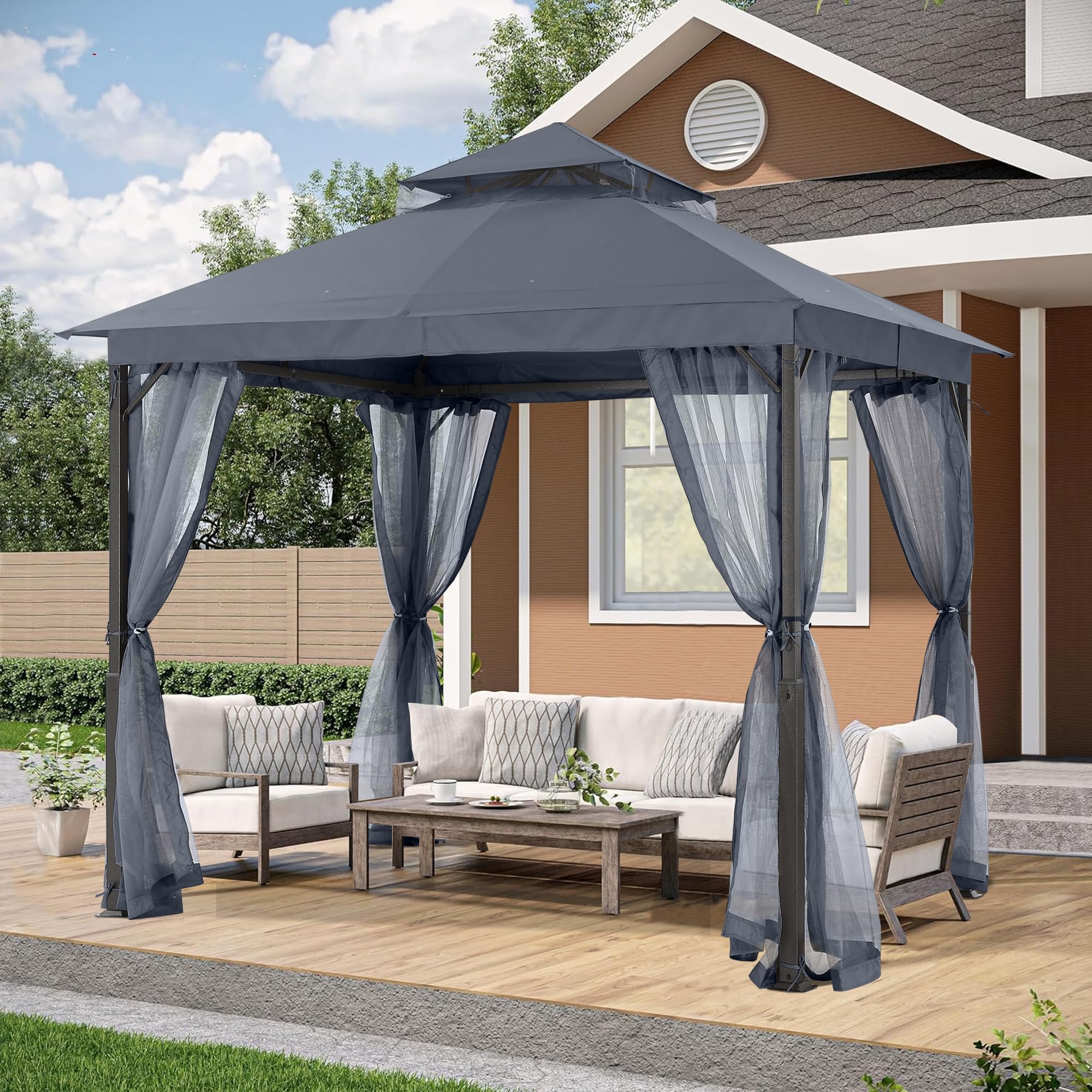 ABCCANOPY Abri de Jardin pour terrasse de 2,4 x 2,4 m – Structure en Acier avec moustiquaire pour pelouse, Jardin, terrasse (Gris foncé)