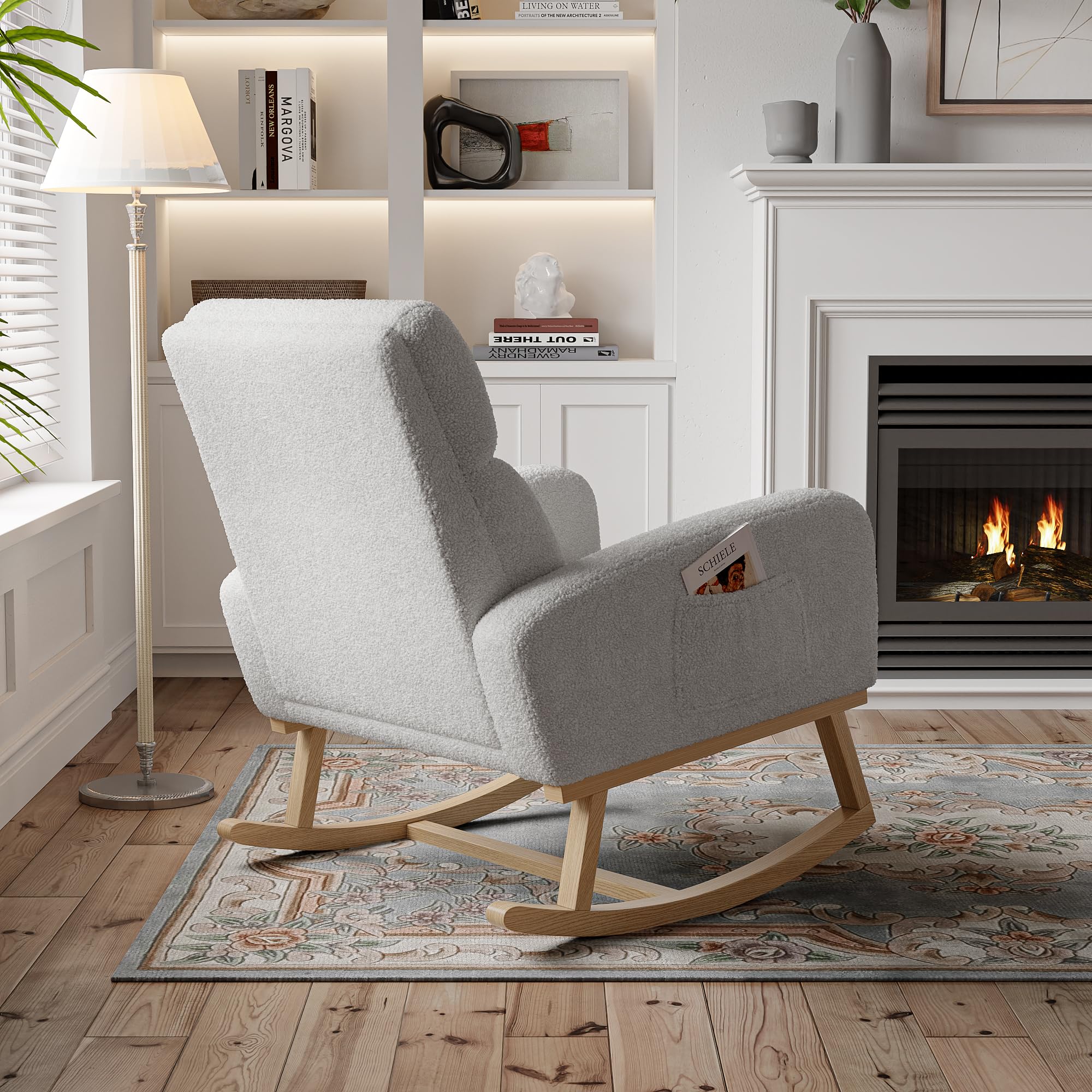 Fotel bujany z podłokietnikami, pikowany fotel bujany Rocking Chair Fotel na biegunach Sypialnia z boczną kieszenią do przechowywania Ergonomiczne wyściełane fotele (szary A, aksamit)