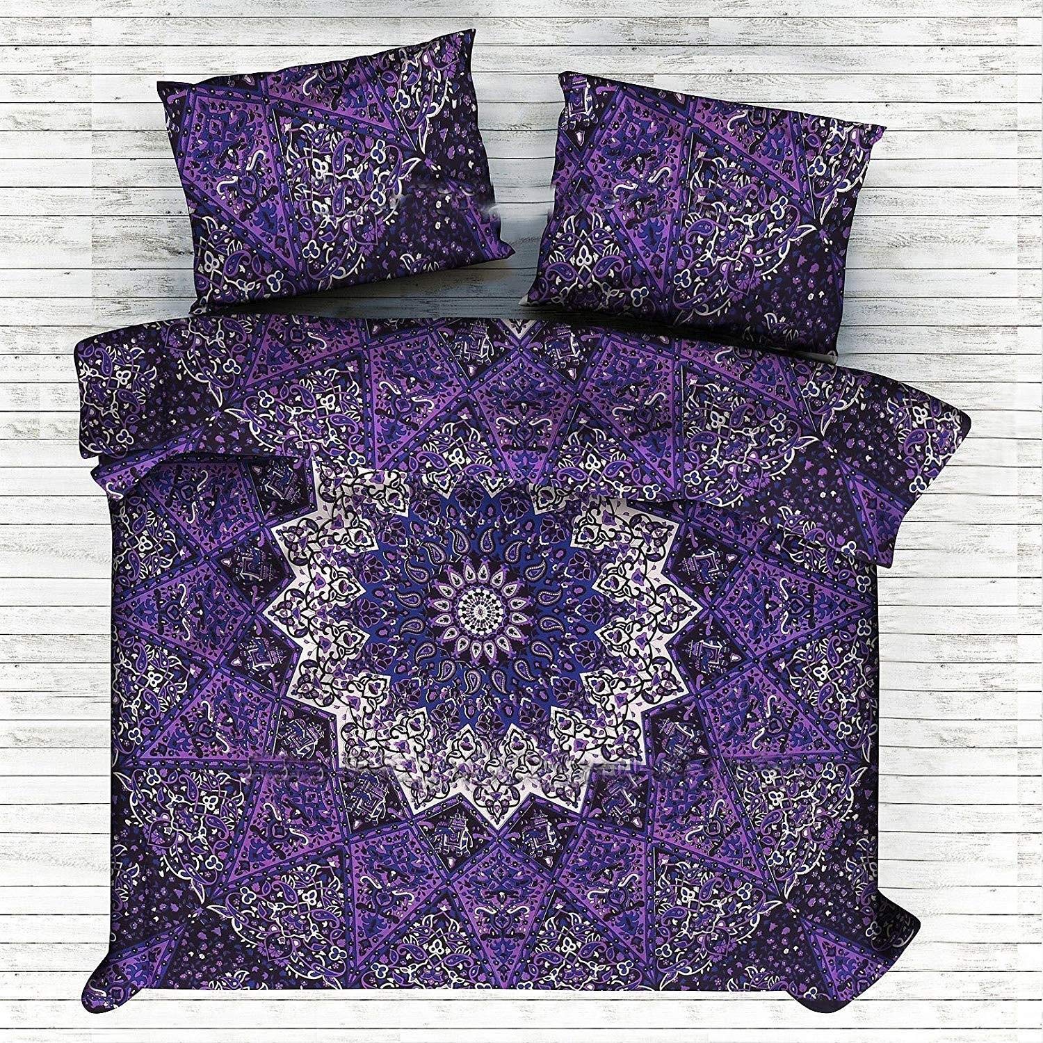 Radhykrishnafashions Jaipuri Print Duvet Cover Mandala Set Pillow Bedding Indian Star Queen Quilt Doona Comforter Cotton Shams Double Size Case (Purple Star)