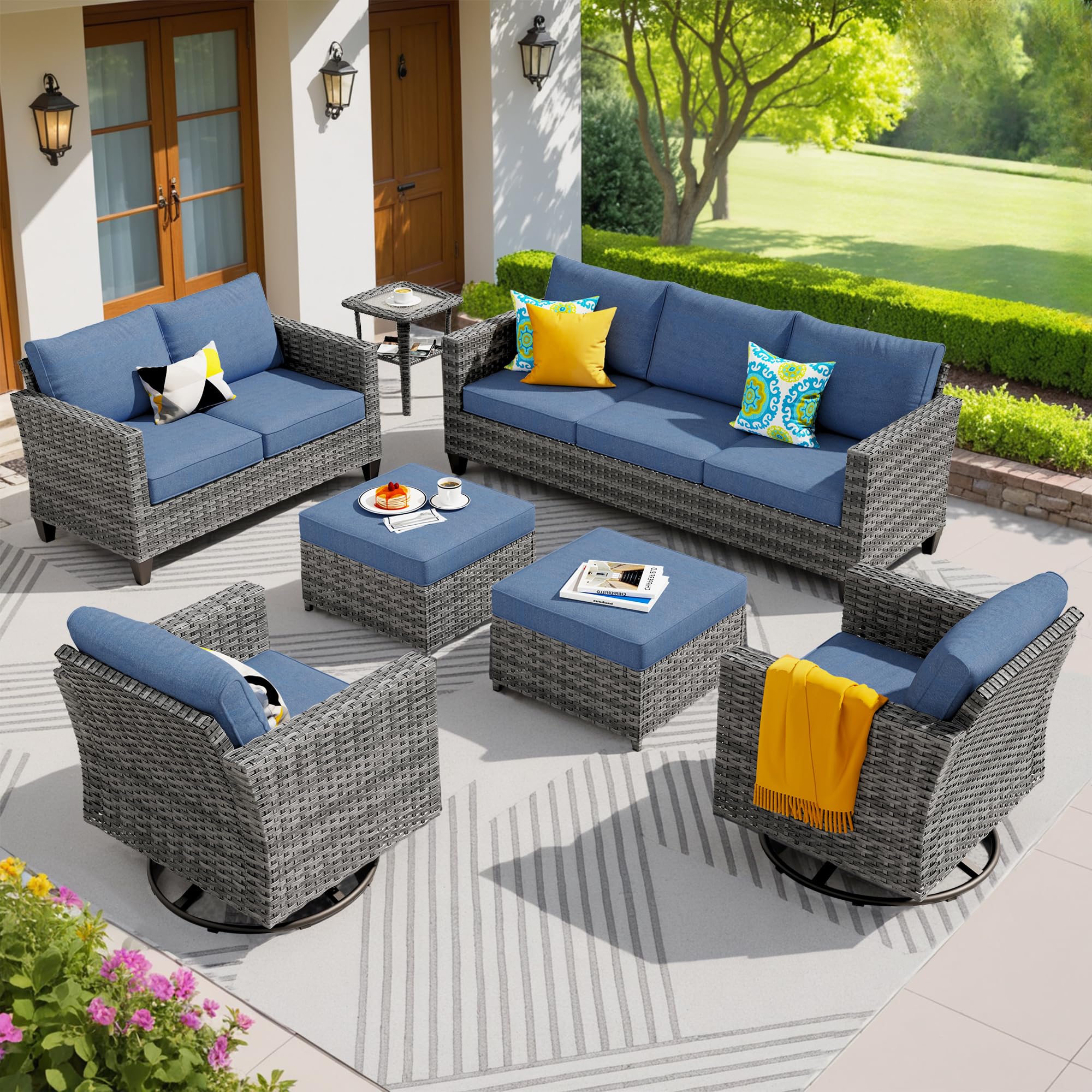 ovios Patio Furniture Set, 7 Pieces Outdoor Wicker Sofa Couch with Swivel Rocking Chairs Loveseat Comfy Cushions Rattan Conversation Set for Backyard
