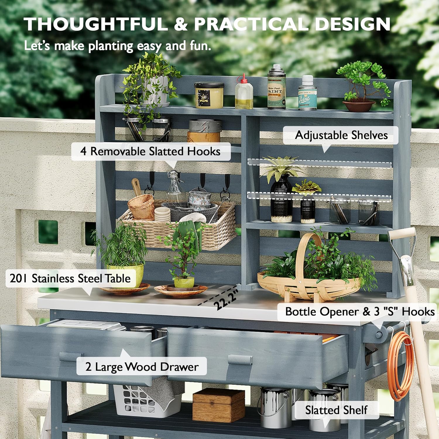 Polibi 64.9"H Outdoor Potting Bench Table with Lockable Wheels,Solid Fir Wood Outdoor Kitchen Island with Upper Hutch,Stainless Steel Top,Towel Rack,Outdoor Storage for Grilling,Lawn Garden(Grey Blue)
