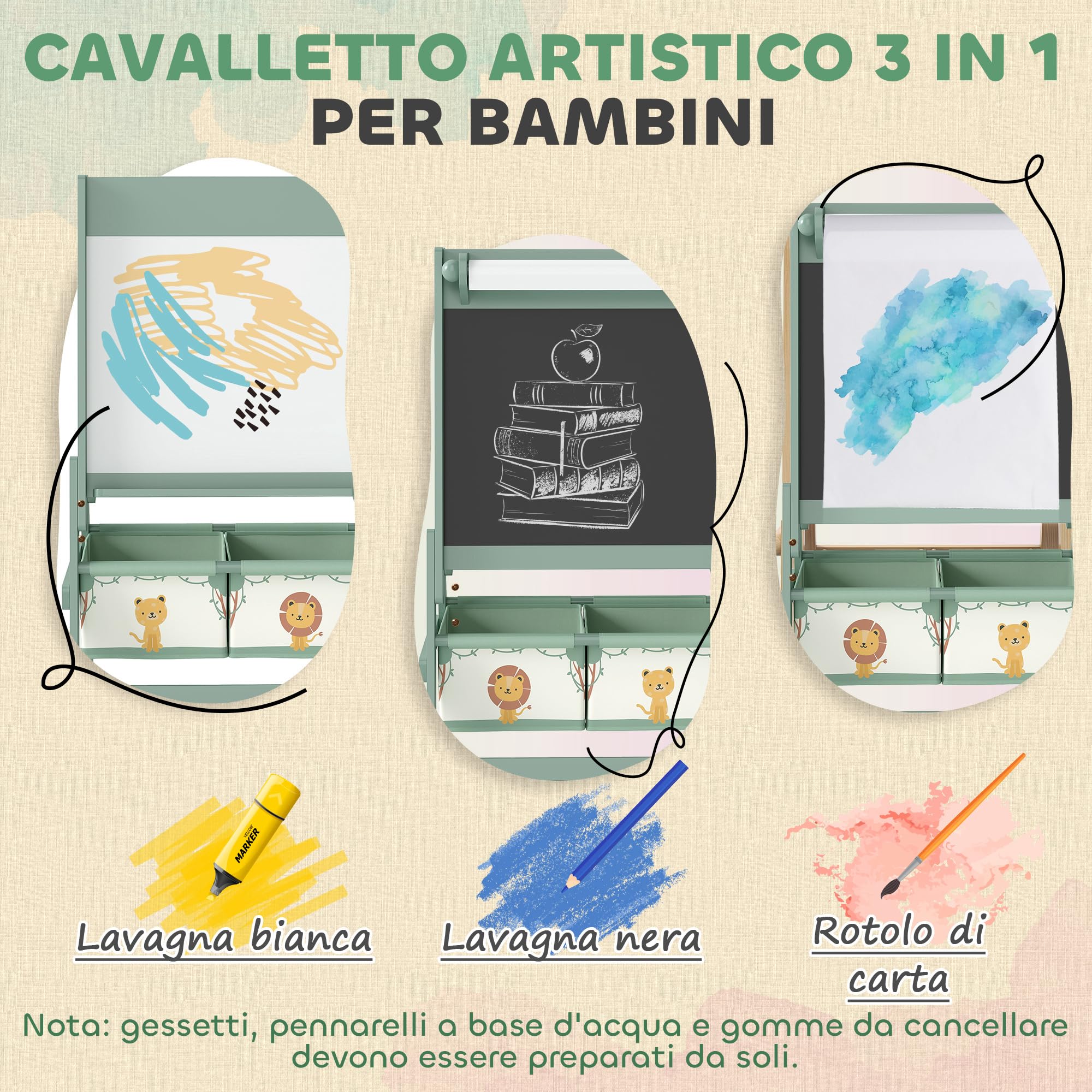 AIYAPLAY Lavagna per Bambini 3 in 1 con Rotolo di Carta e 2 Cestelli Portaoggetti, Lavagna con Cavalletto in Legno di Pino e MDF, 54x46x94 cm, Verde