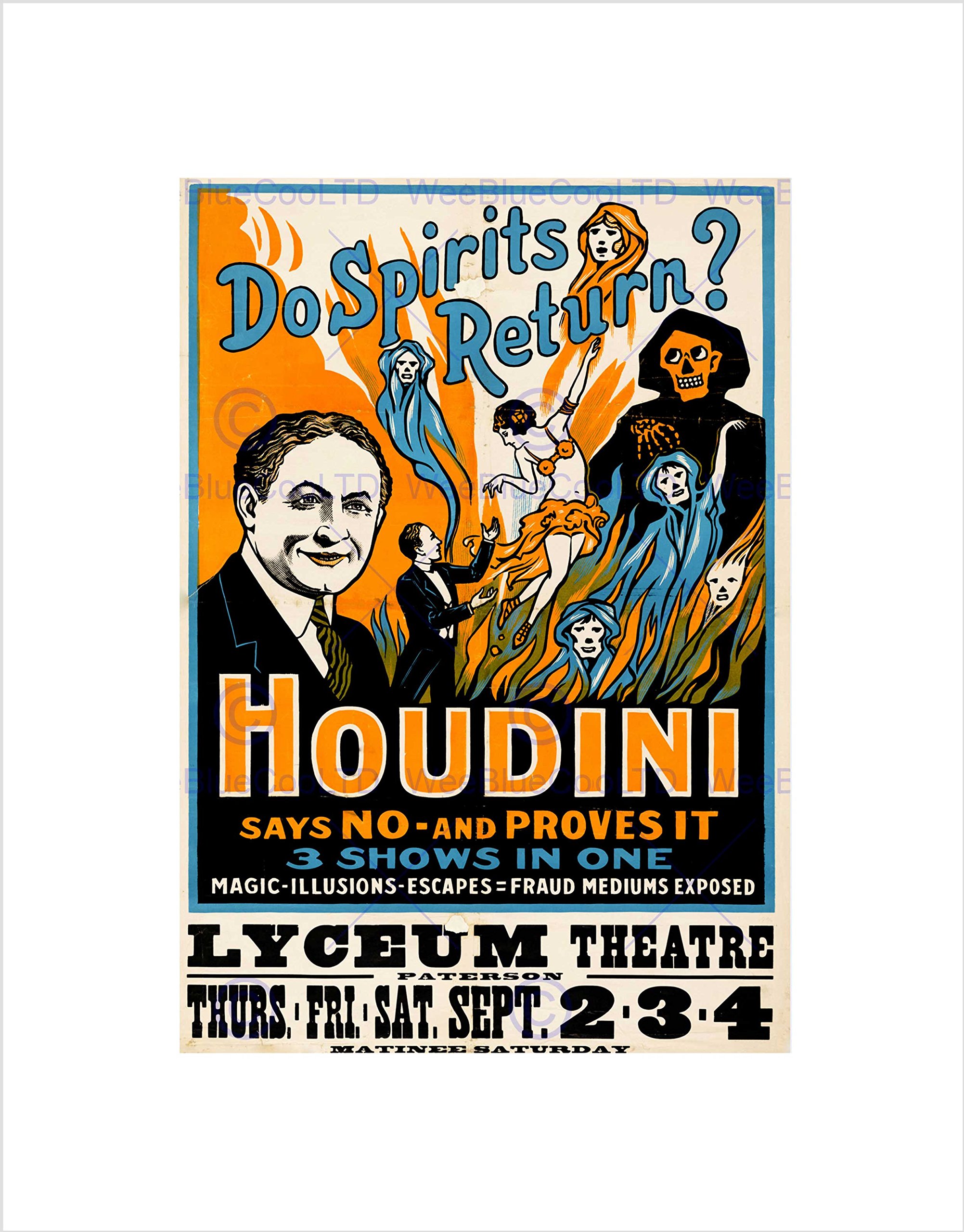 Wee Blue Coo VINTAGE ADVERT THEATRE SPIRITS HOUDINI NEW BLACK FRAMED ART PRINT B12X11558
