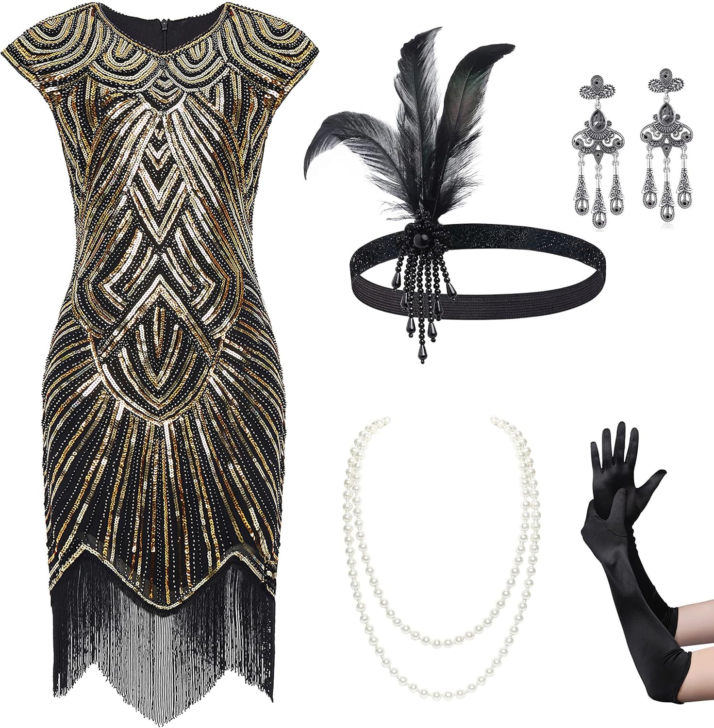 BABEYOND 1920s Flapper Dresses Set 20s Great Gatsby Dress 1920s Fringed Dress with Accessories Set