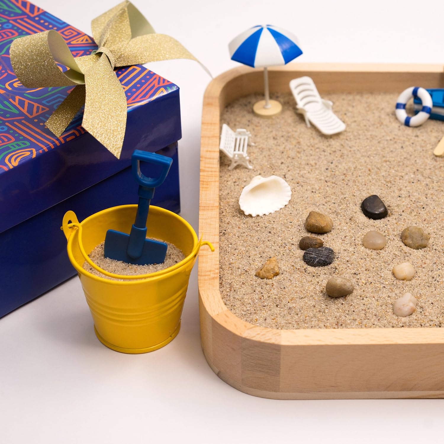 Mini Zen Garden Sandbox - Miniature Beach Zen Garden for Desk - Sand Tray Play Kit for Kids, Adults, Office - Desk Sand Box Gift Set with Natural Sand, Wooden Tray, Lid, Rakes, Rocks and Accessories : Toys & Games
