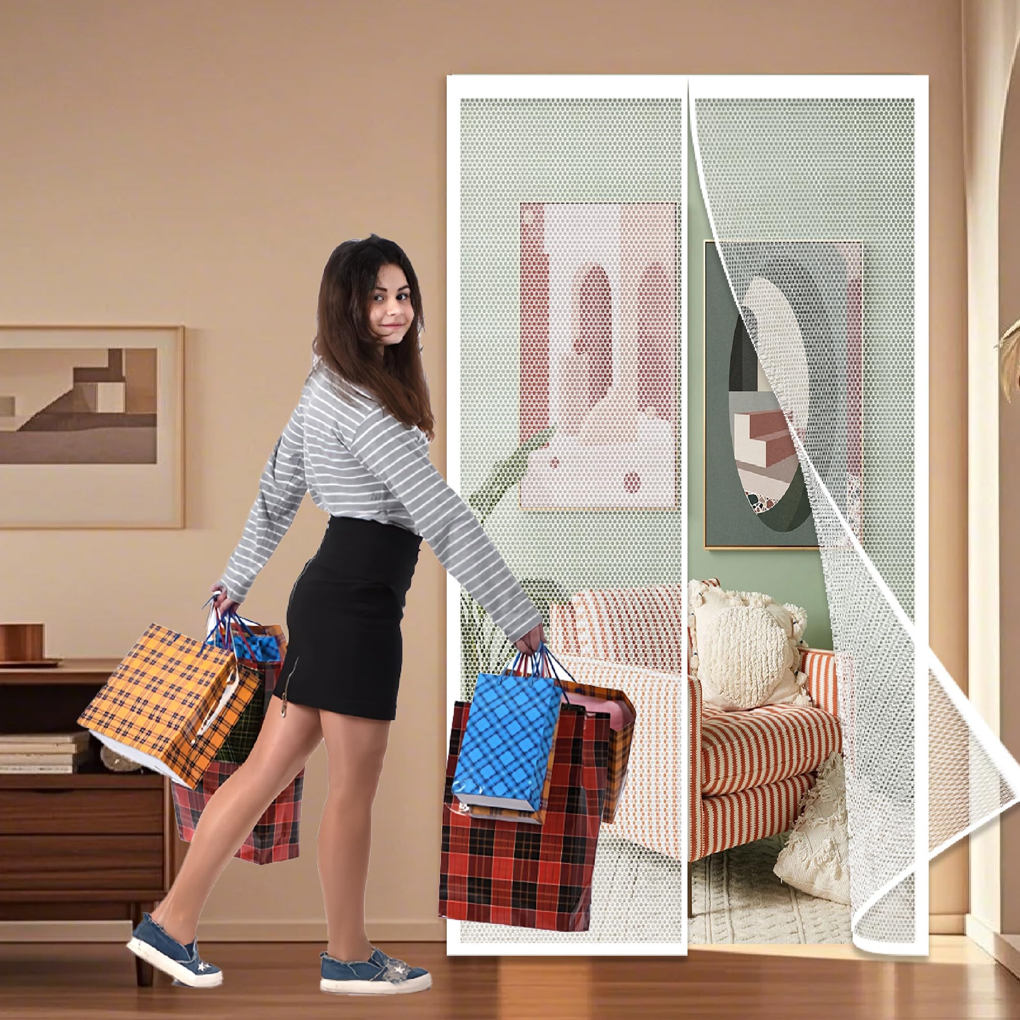 Renxtao White Magnetic Fly Screen For Windows 177 X 205 Cm Mesh Curtain No Drilling Top To Bottom Seal Automatically For Balcony, Terrace, Cellar, Bedroom And Sliding Doors,