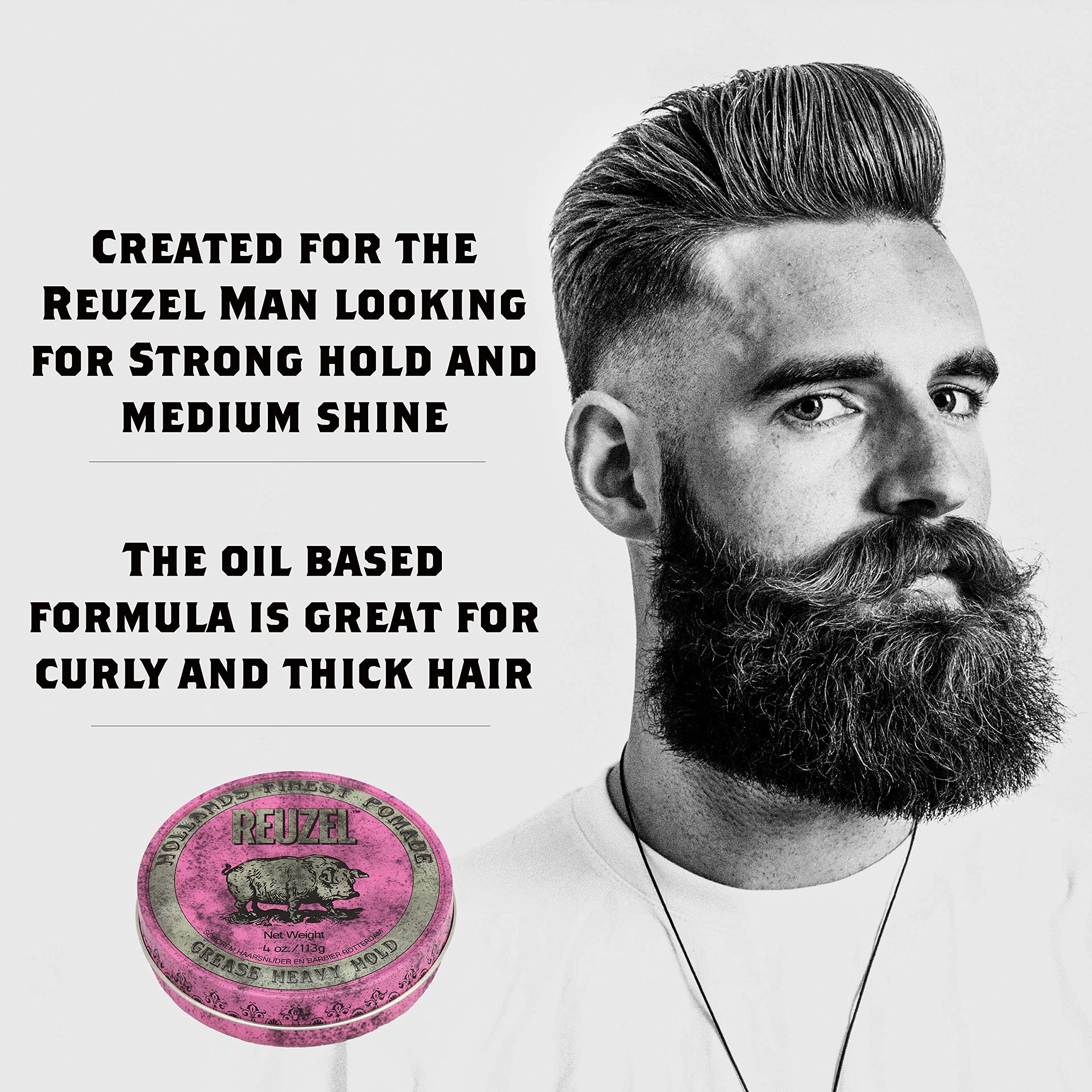 Reuzel Pink Grease Heavy Hold Pomade, Hair Holding Wax For Men, 113 g