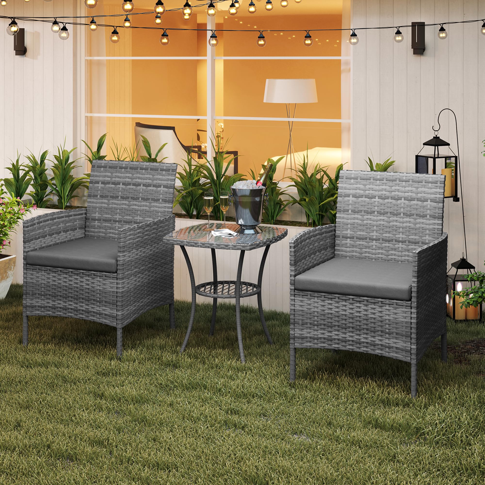 Amopatio Conjunto Muebles Jardín Ratán 3 Piezas, 2 Sillones con Cojines y Mesa de Centro, Sofá Exterior Terraza con Vidrio Templado, para Terraza, Patio y Balcón Colores: Gris