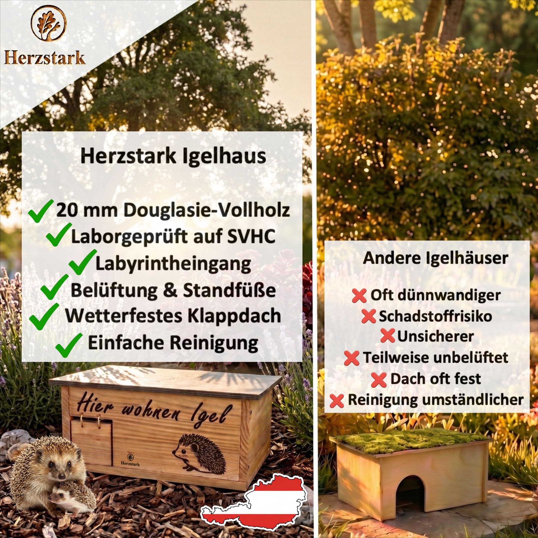Igelhaus Winterfest Douglasien-Vollholz mit Labyrintheingang Rattenklappe