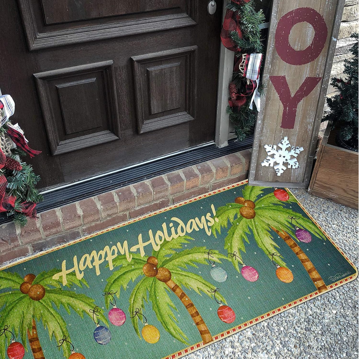 Christmas Welcome Doormat Front Door Mat, Rubber Back Non Slip Door Mat Entrance Rug Shoe Scraper 17.75" x 47", Low-Profile Printing Mat for Entry, Garage, Patio, High Traffic Areas (White Happy)