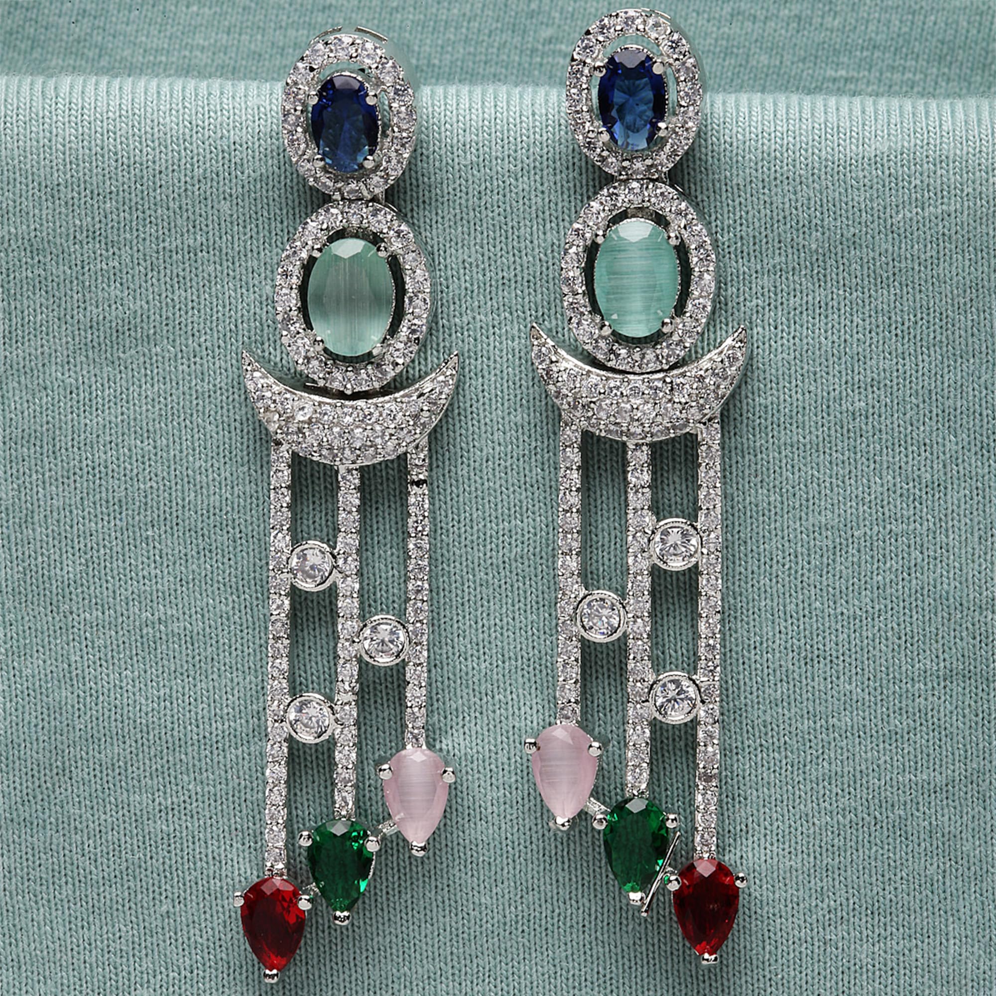 Rhodium-Plated AD Crescent Drop Earrings