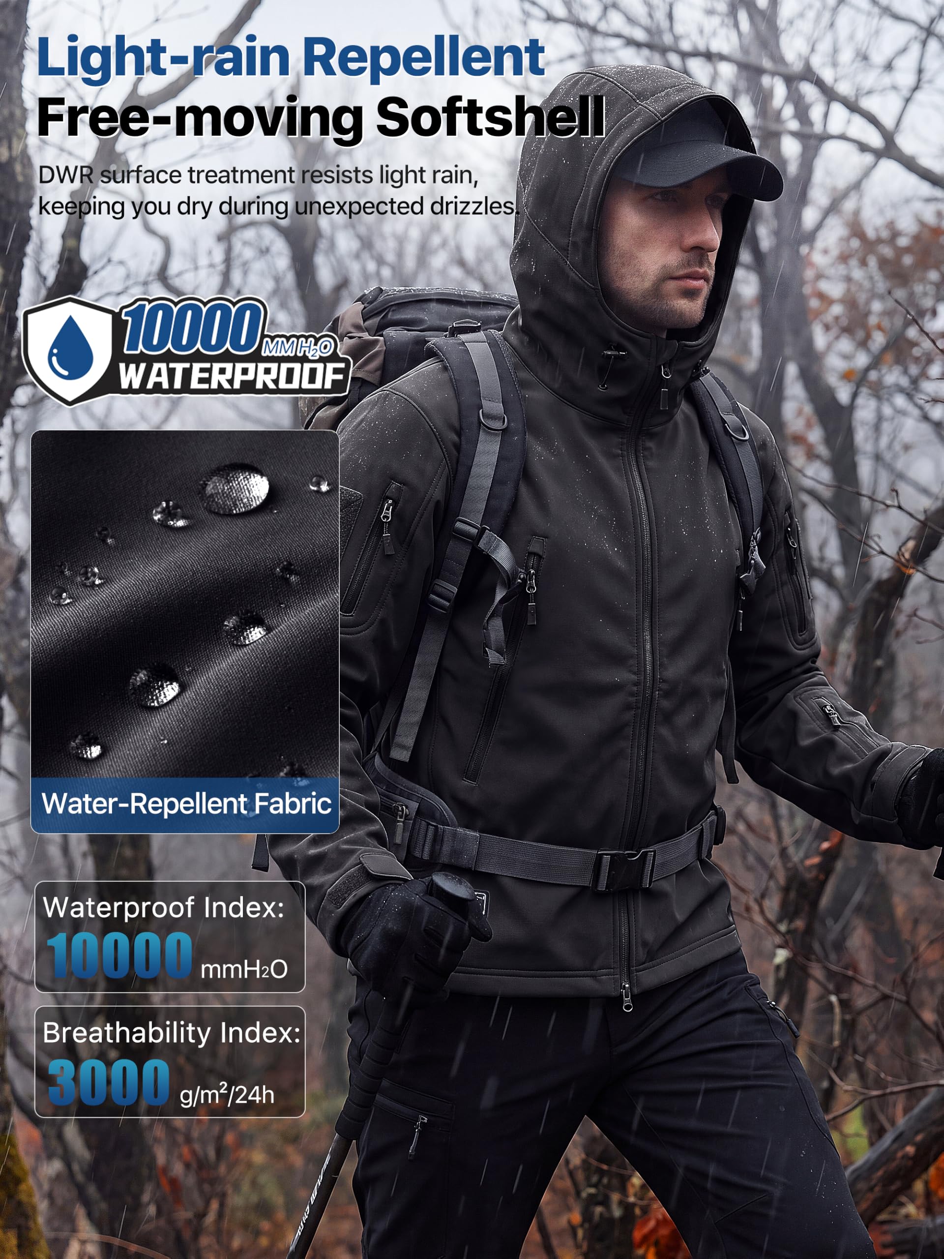 FREE SOLDIER Veste Softshell imperméable à Capuche pour Homme
