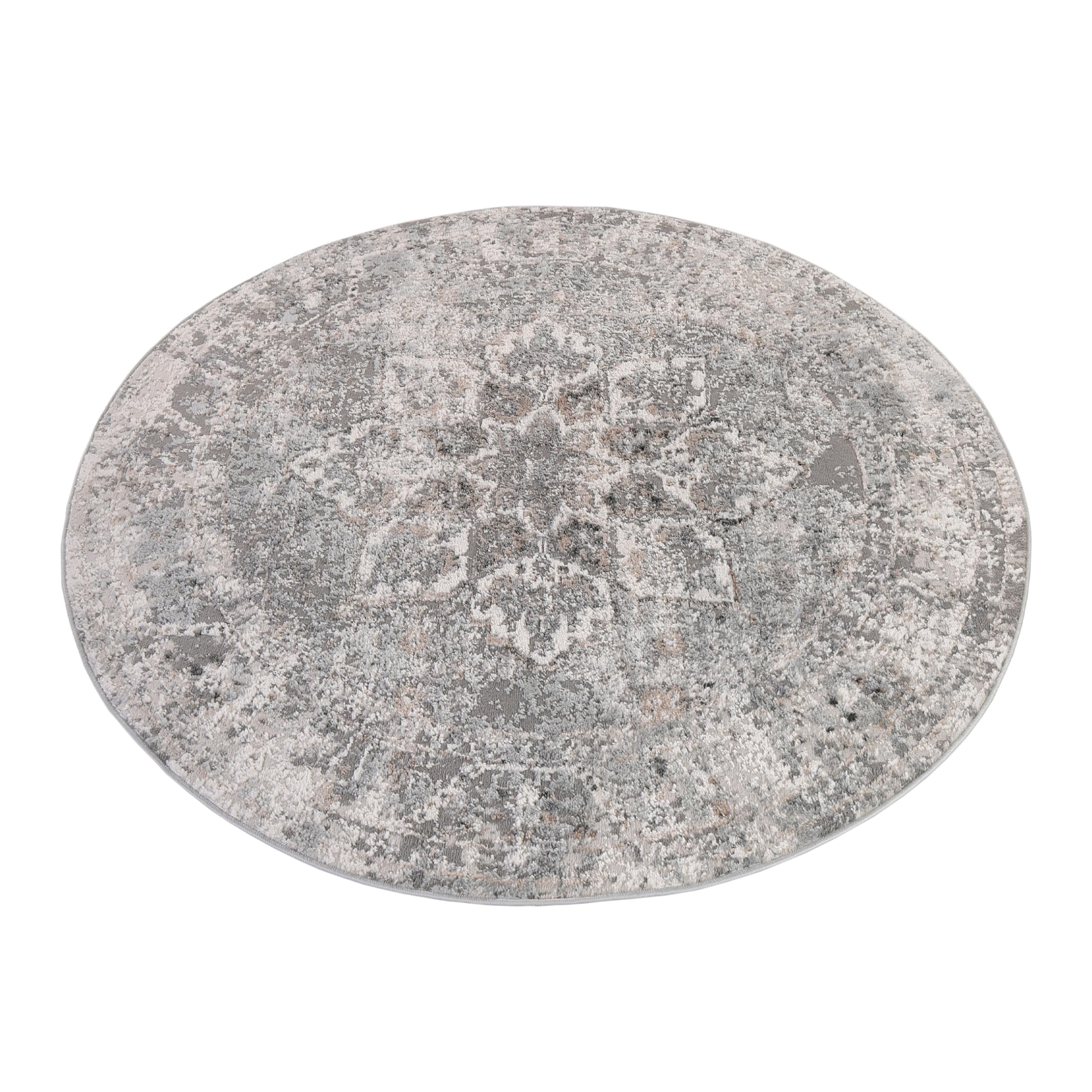 TAPISO Valley Rund Teppich Kurzflor Vintage Grau Blumen 160 x 160 cm | Rahmen Orientalisch Used Effekt Meliert Verwischt Wohnzimmer Schlafzimmer OEKO-TEX