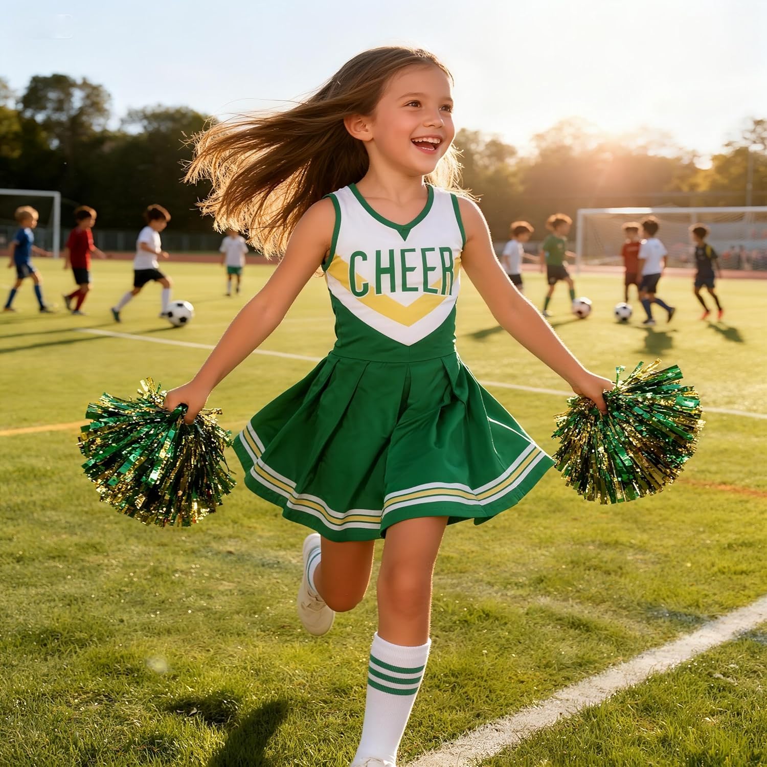 Cheerleader Costume for Girls Cheerleader Outfit for Kids Cheerleading Dress with Pom Poms for Halloween Dress Up - Image 4