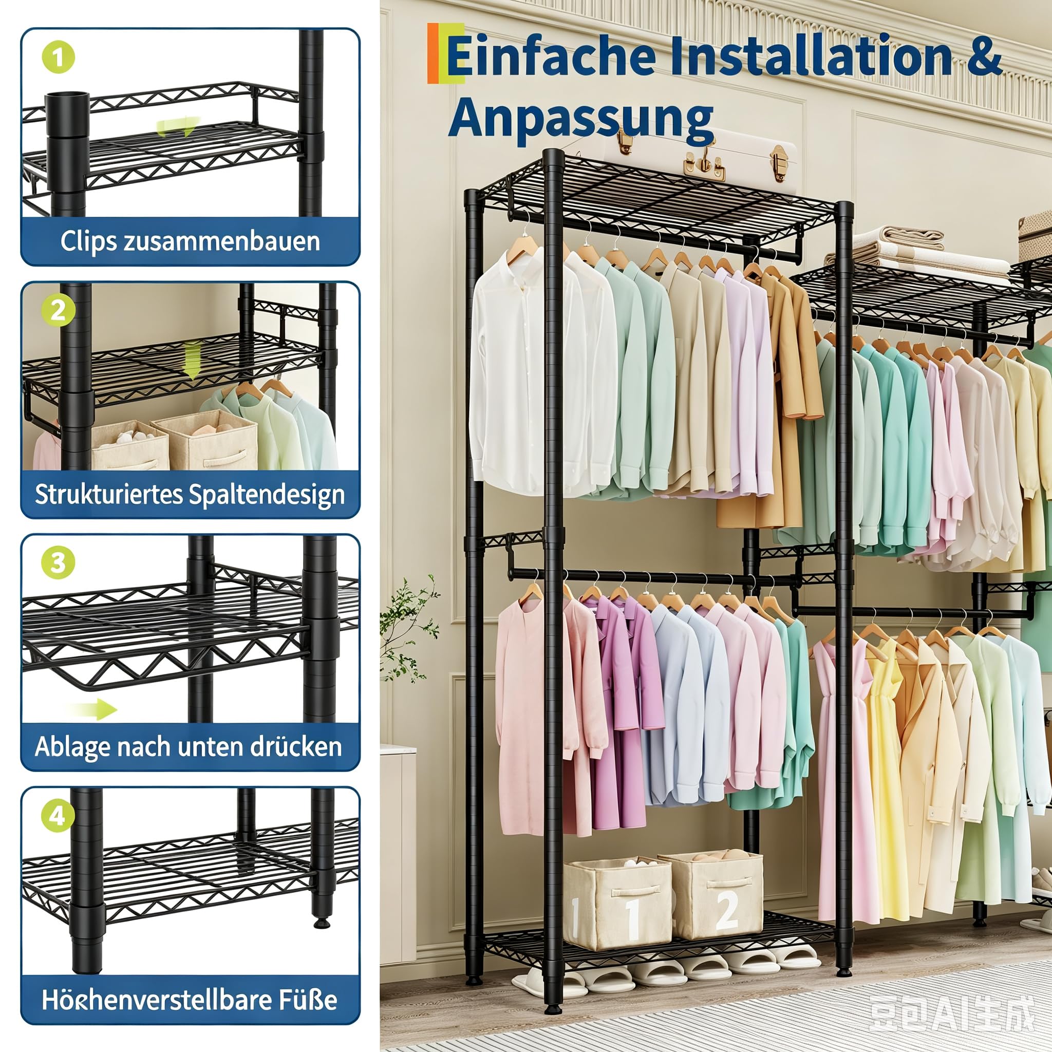 Garvee Kleiderständer Schwerlast Garderobenständer Metall Offener Begehbarer Kleiderschrank Großes Schranksystem DIY Kleiderregal mit 5 Hängestangen & Ablagen für Schlafzimmer Schwarz