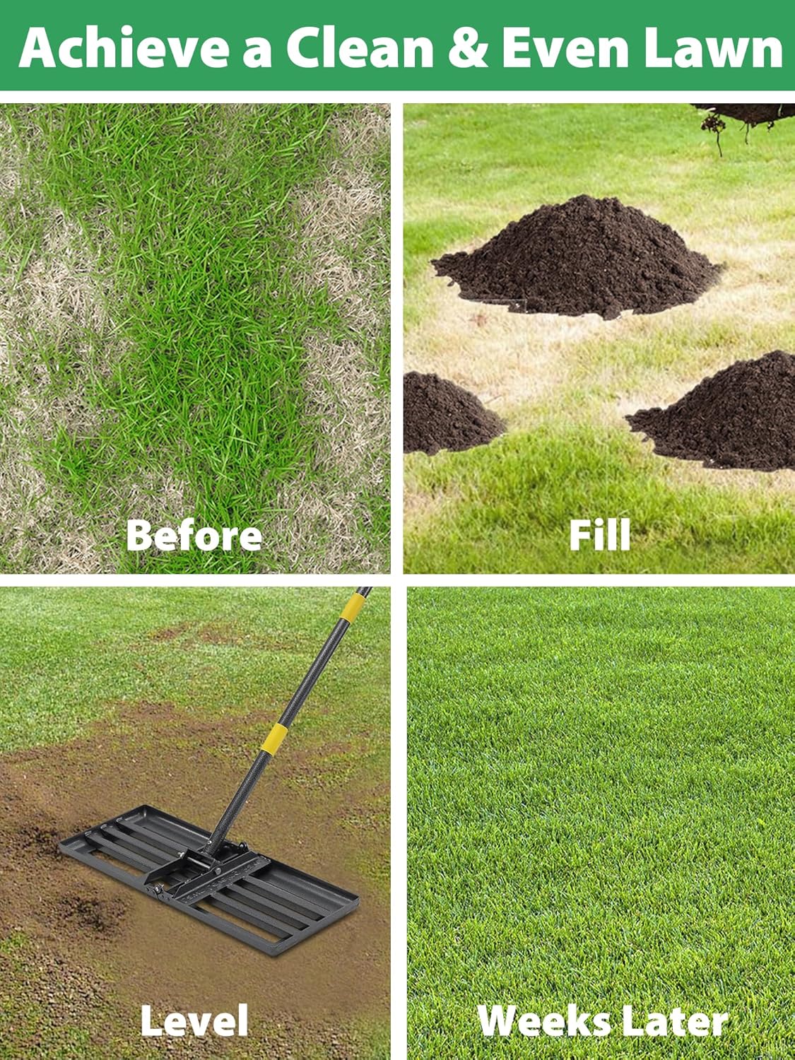 Lawn Leveling Rake Heavy Duty, 30x10 in Large Soil Leveling Rake, Ground Leveler with Anti Flipping Smooth Edge for Dirt Sand Grass Golf, 58" Long Handle, Foldable Garden Landscaping Levelawn Tools