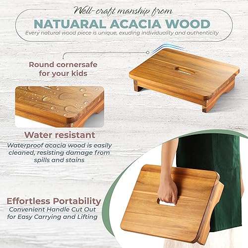 Miniatura 2 de Taburete de madera de 3.5 pulgadas, taburete de un escalón para adultos, escalón de noche de madera con capacidad de carga de 550 libras, Acacia