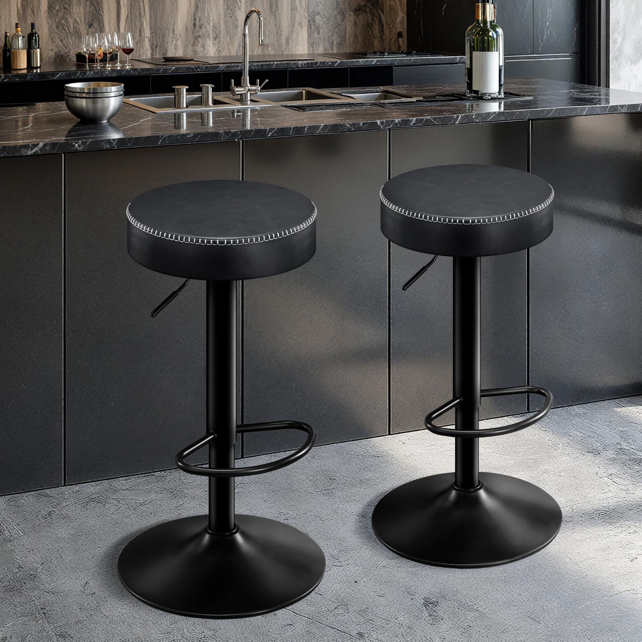STOOLINK Taburetes de Bar Requlable en Altura, Taburete Cocina Juego de 2, Taburete Alto Cuero de Microfibra, Taburete de Bar con Reposapiés, Taburetes Cocina 150kg para Comedor, Mostrador-Negro
