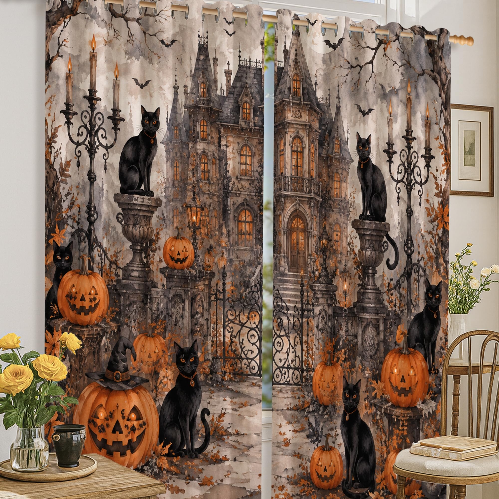 Rideaux occultants lavables chat hanté noir pour fenêtre