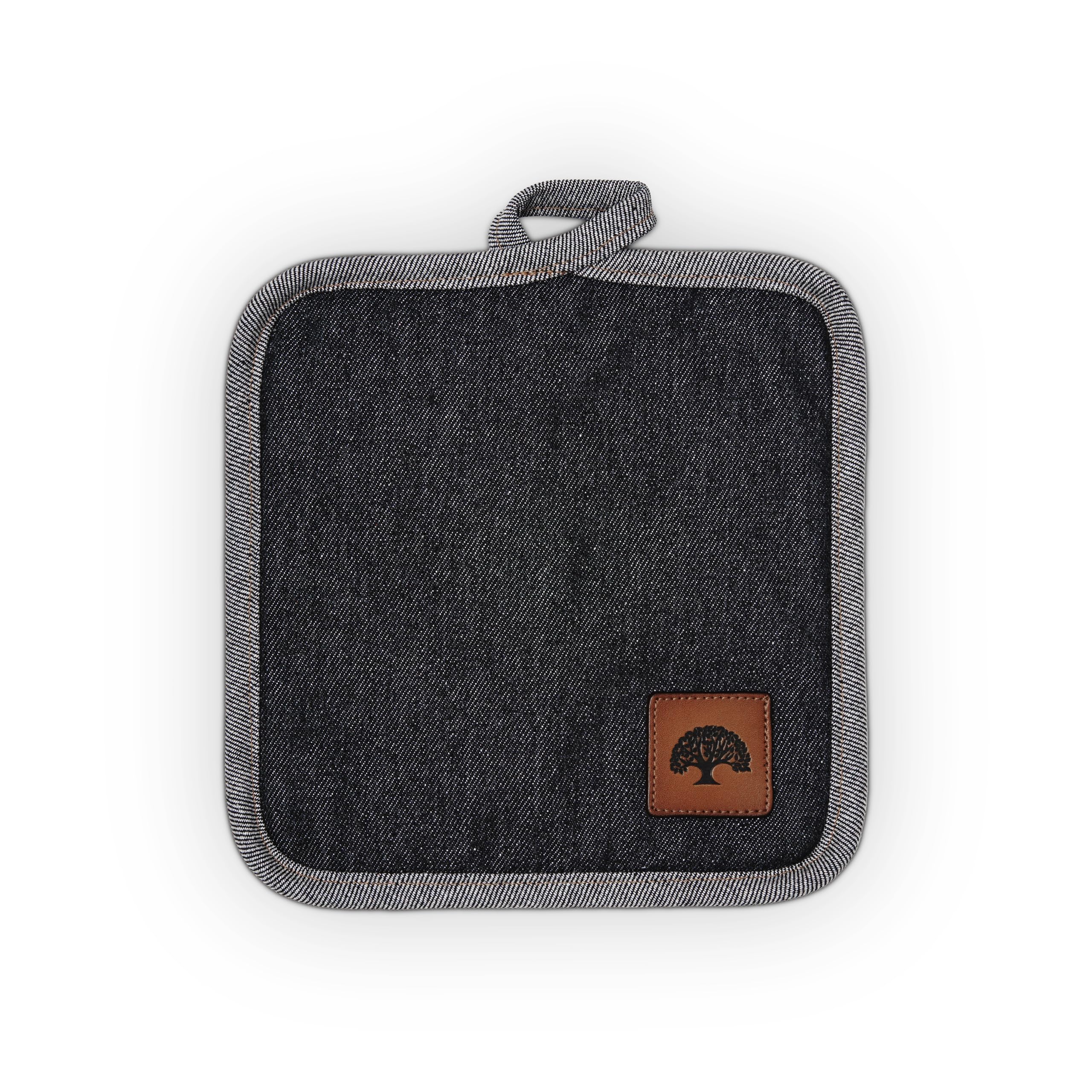 BO877002 Barbary & Oak Denim Pot Holder with Leather Details, Hanging Loop, 20cm, Blue
