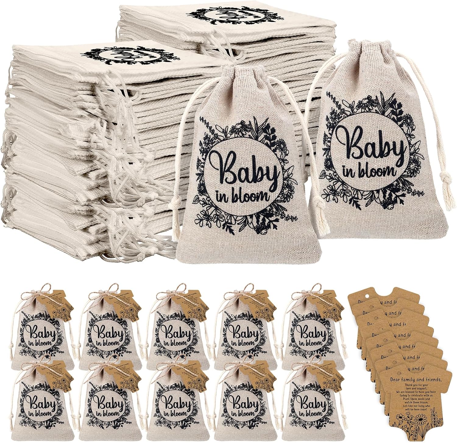Fumete 25 Set Baby Shower Party Favors Baby in Bloom Seed Packets | Wildflower Organizer, Seed Burlap Bag, Drawstring Thank You Cards and Twine, for Party Favor Guests, No Seeds