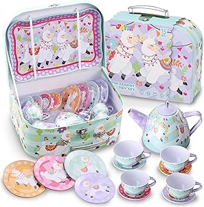JOYIN Llama Pretend Tin Teapot Set for Tea Party and Kids Kitchen Pretend Play
