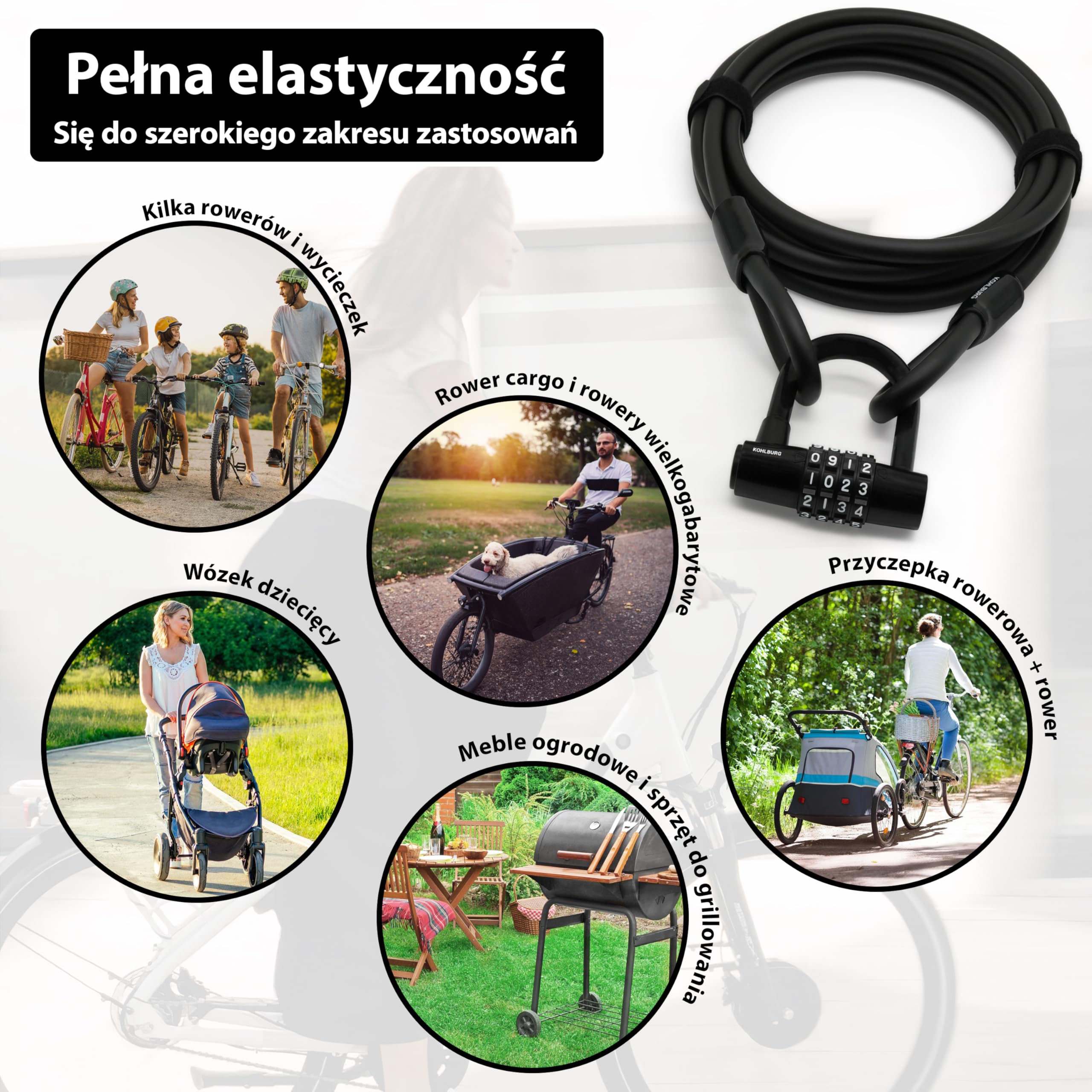 KOHLBURG Zamek Kablowy 5 m z Kodem Cyfrowym, Stalowa Linka z Osłoną | Do Roweru, Mebli Ogrodowych, Sprzętu, Szyfrowy z Możliwością Oddzielnego Użycia